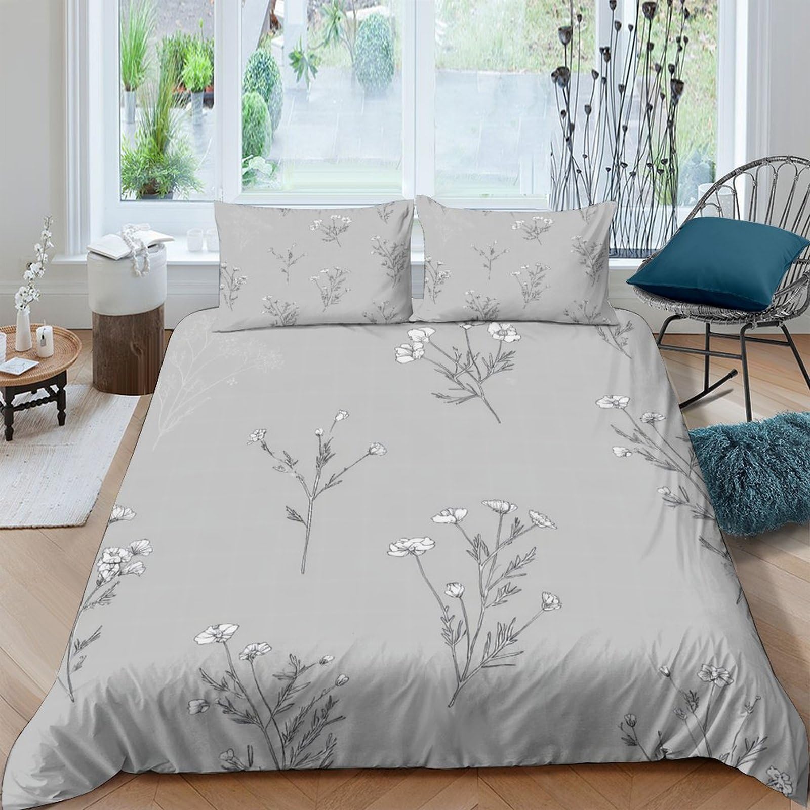 Ctjqhvkz Style-5 3D Printed Grey Wildflower Fitted Sheet Microfiber Soft Botanical Mattress Cover For Bedroom Guest Room Decor Single（135X200cm）