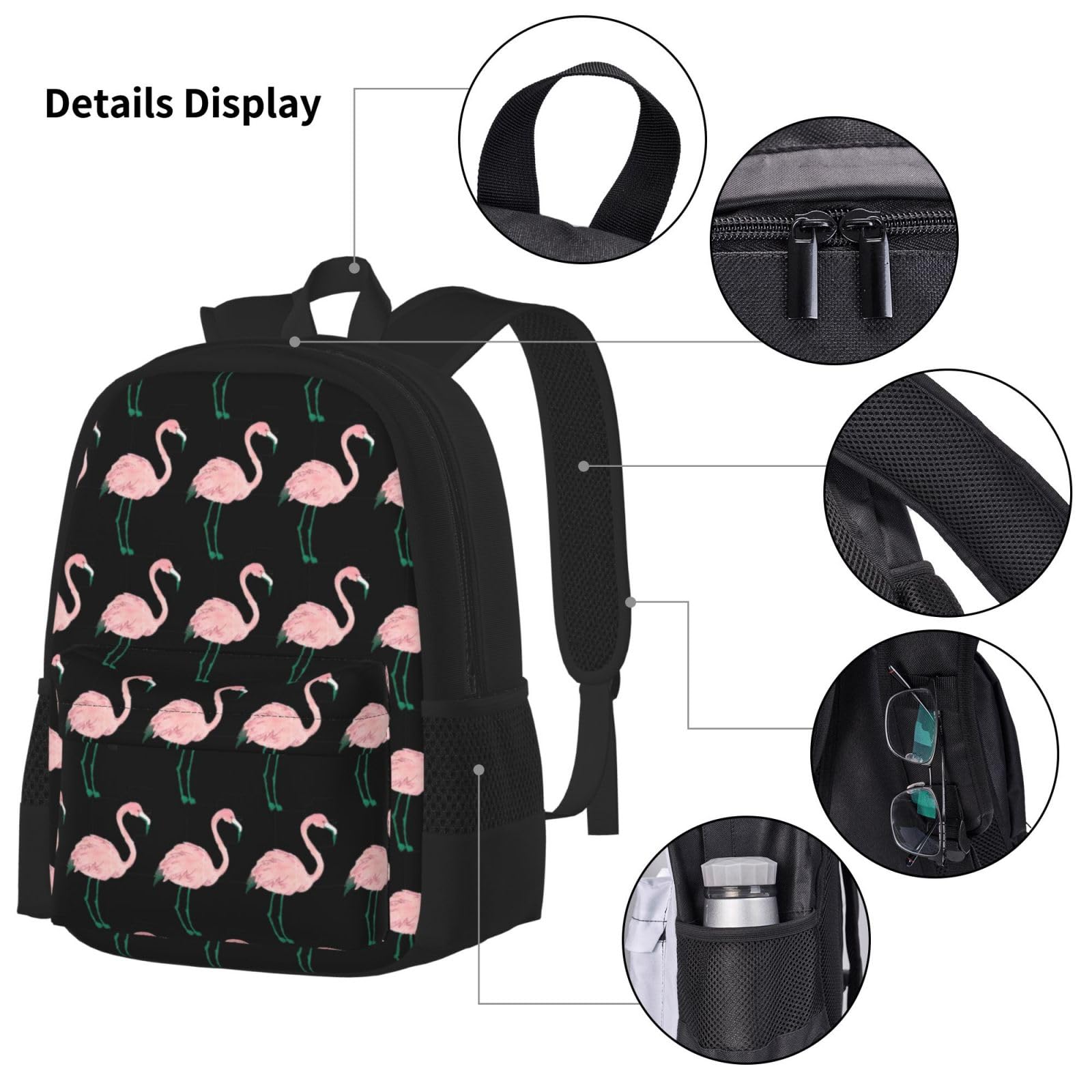 Juego de 3 mochilas escolares pintadas a mano con estampado de pájaro flamenco, gran capacidad, resistente al agua, mochila para laptop con bolsa de almuerzo aislada y estuche para lápices