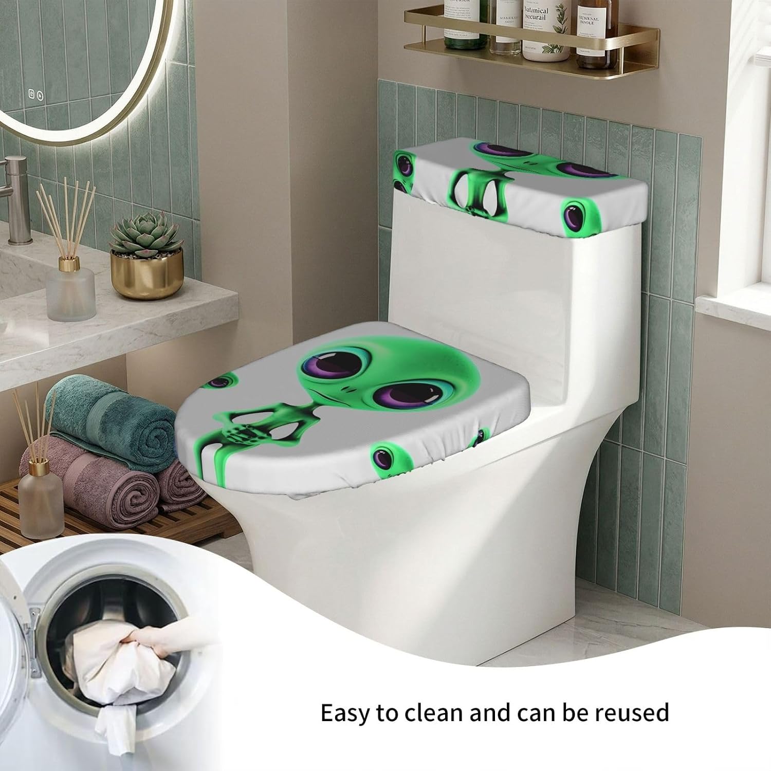 Green Alien Toilet Tank Cover And Toilet Lid Cover Set Stretch Bathroom Toilet Lid Seat Cover