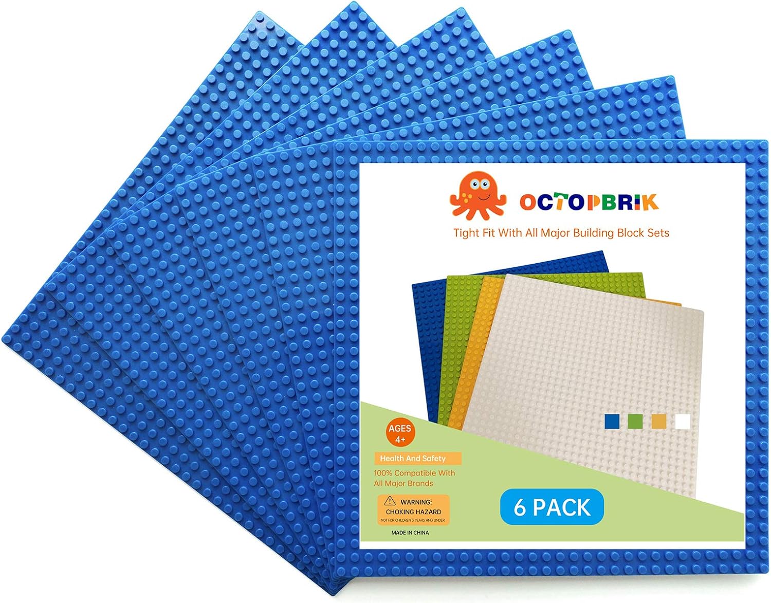 Octopbrik Classic Brick Base Plate, 10"x 10" Builing Block Base Plate, 32 x 32 pegs, 6 Packs Blue Color, Compatible with Major Brands