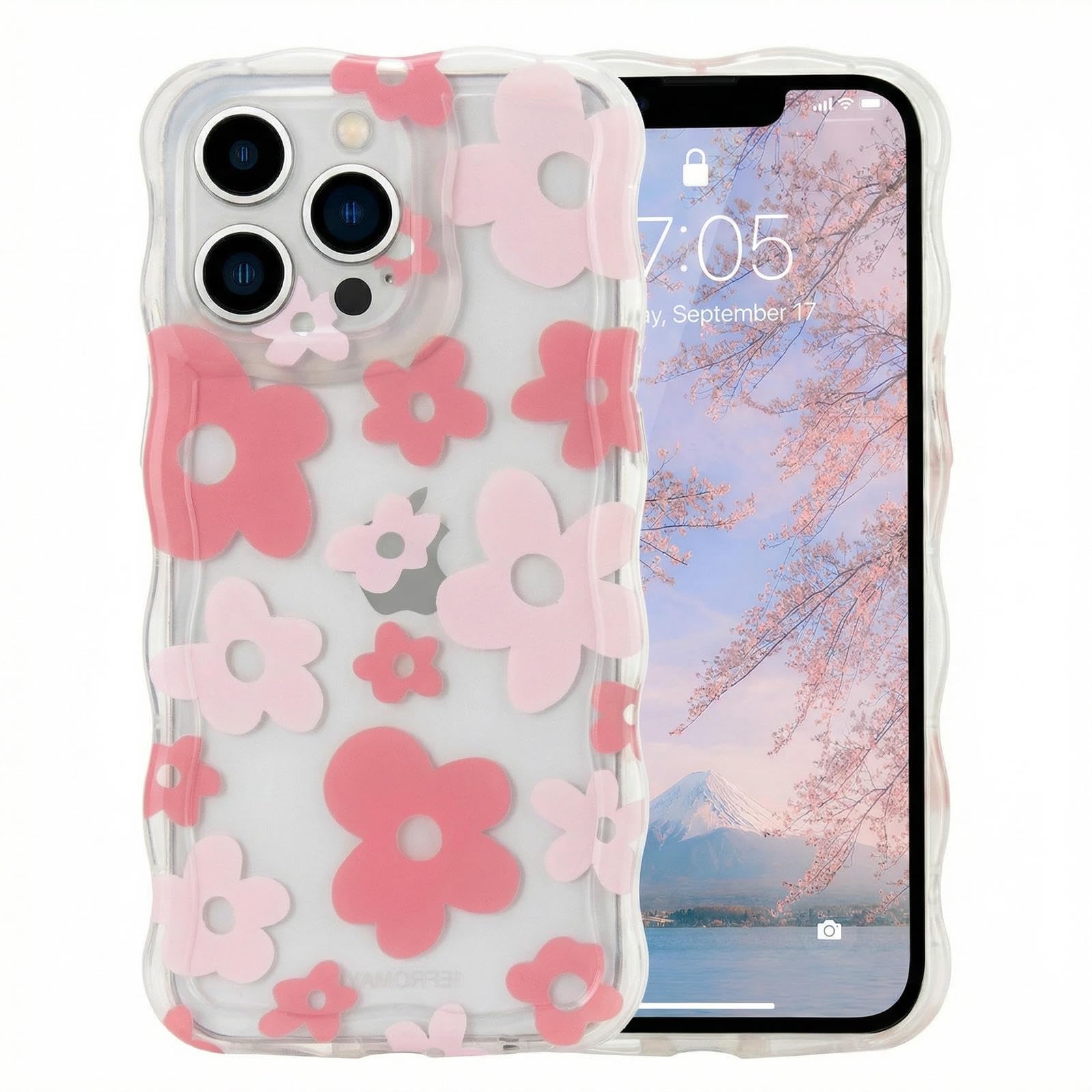 Micoden for iPhone 13 Pro Max Case, Cute Floral Girls Women Soft Case Silicone Shockproof Curly Wave Wavy Edge Camera Protection Cover Clear Thin[Non