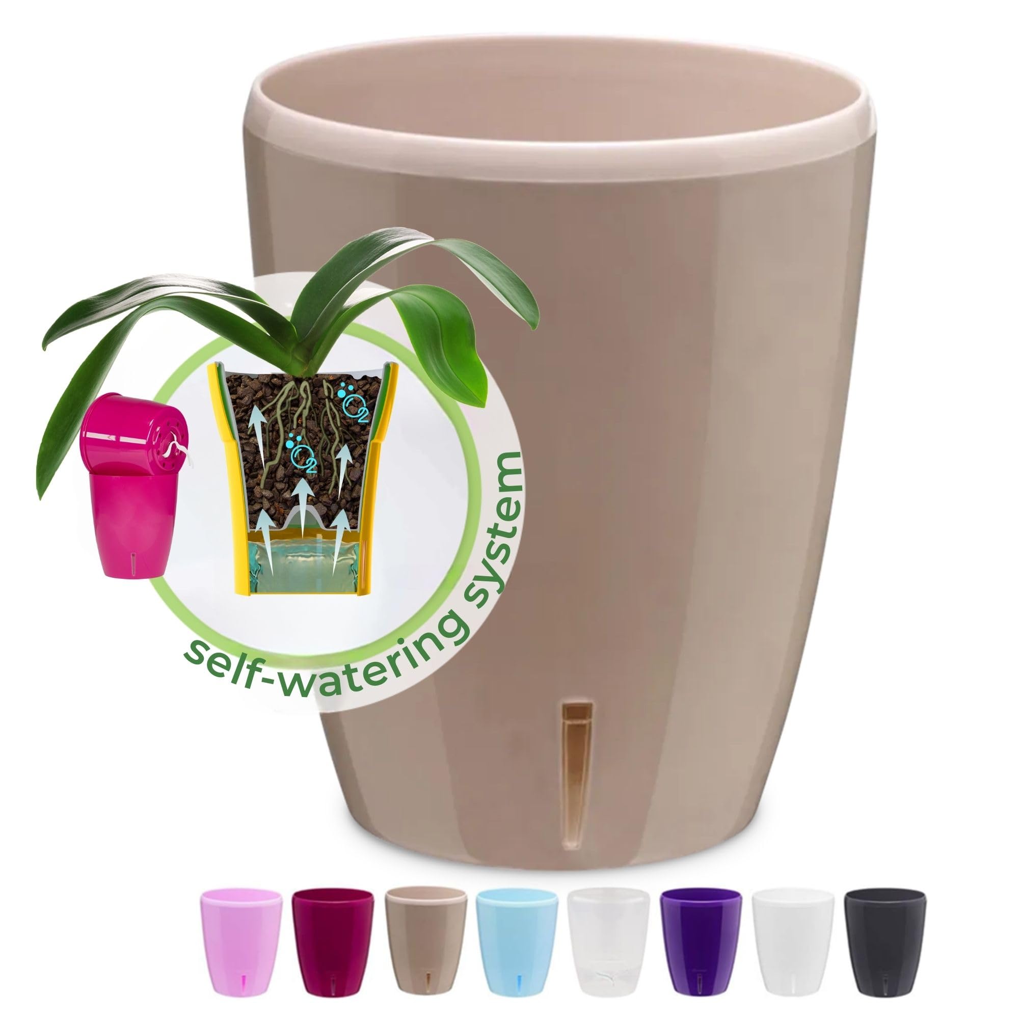 Happyplants Happy Plants ORCHIDEA Clear Orchid Self-Watering Flower Pot Planter With Water Level Indicator Water Reserve And Drainage Holes (Ø12.5CM Ø15CM Ø16.5CM) (Sand, Ø 15CM - 2L)