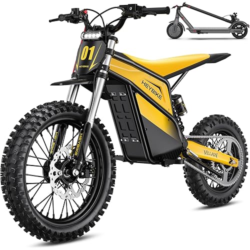 Heybike Villain Electric Dirt Bike, 4160W E Dirt Bike with 52V 26AH Battery, 14"/12" Fat Tire Electric Motorcycle for Teens, Max 45MPH Ebike with Reversing Function(Dirtbike+Scooter; Yellow&Black)