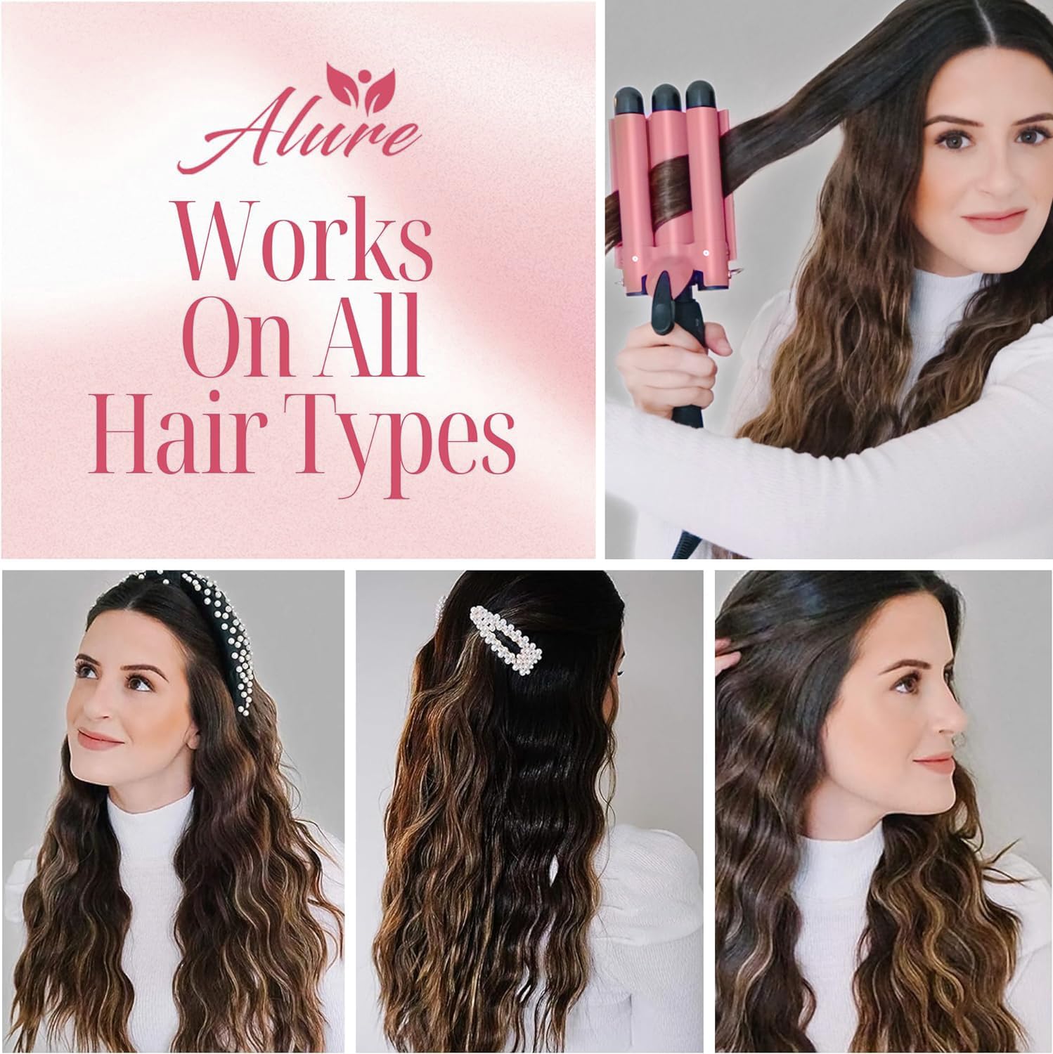 Alure Three Barrel Curling Iron Wand Hair Waver with LCD Temperature Display - 1 Inch Ceramic Tourmaline Triple Barrels, Dual Voltage Crimp (Rose Gold) - Image 5