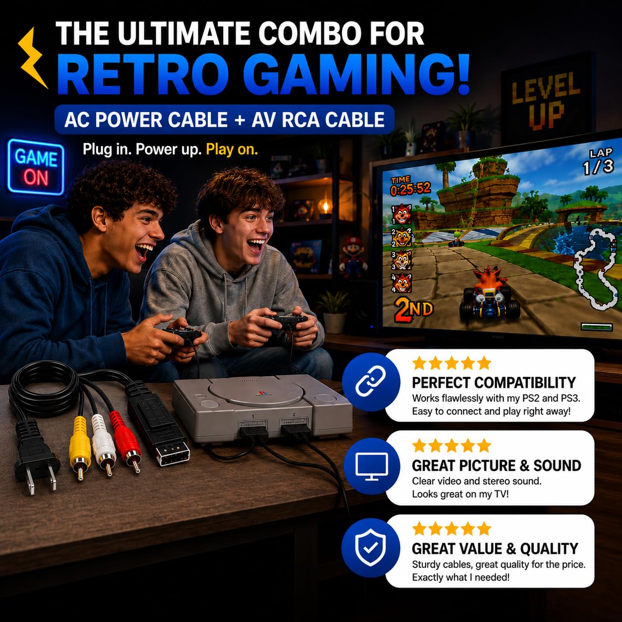 PS1 PS2 PS3 Fat Power Supply Cable & AV RCA Audio Video Cable Bundle, Compatible with Sony PlayStation 1 2 3 PSX Console, Composite AV Multi Out Cord for TV Screen Monitor Display
