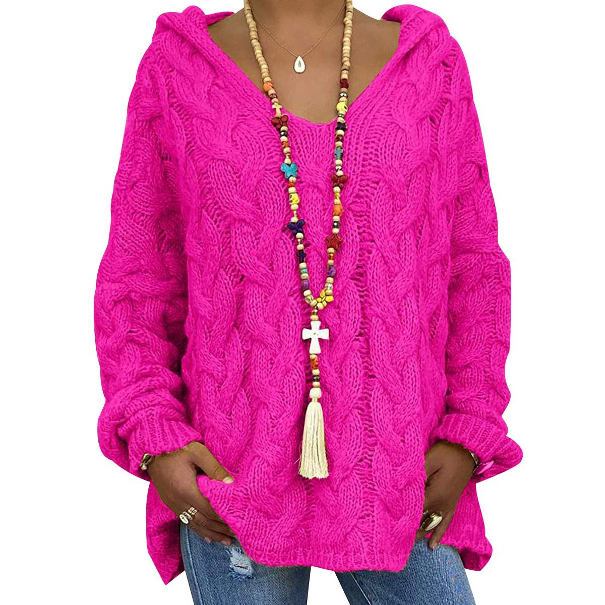Peuignao Women's Rose 1 Oversized Cable Knit V Neck Jumper Long Jumpers For Baggy Fluffy Knitted Jumpers Sweater Hooded Pullover Hoodie Sweaters Pullovers Thick Loose Lady Jumpers Rose M