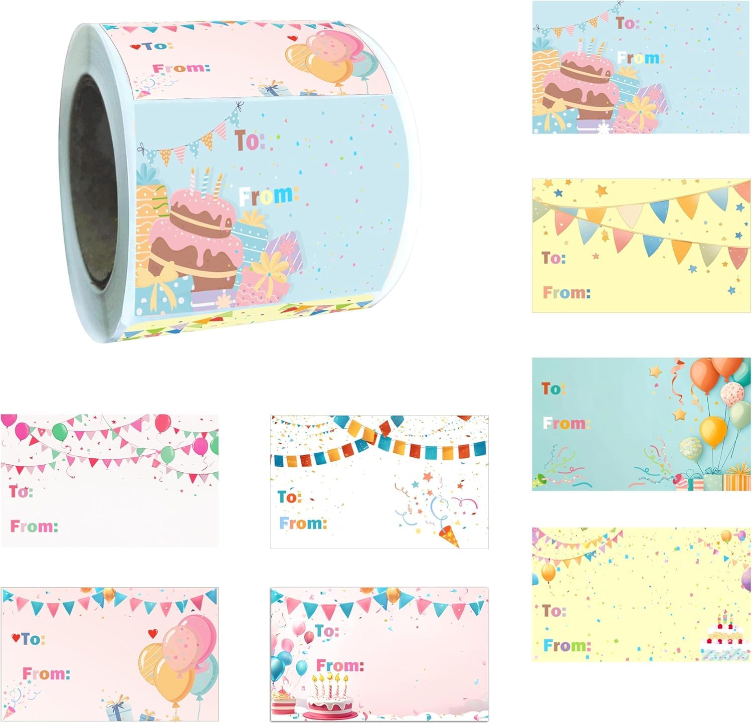 1.5 x 2 Inch Gift Labels - Happy Birthday Tags Stickers - 300 Adhesive Labels 8 Designs for Parties, Presents, Festivals