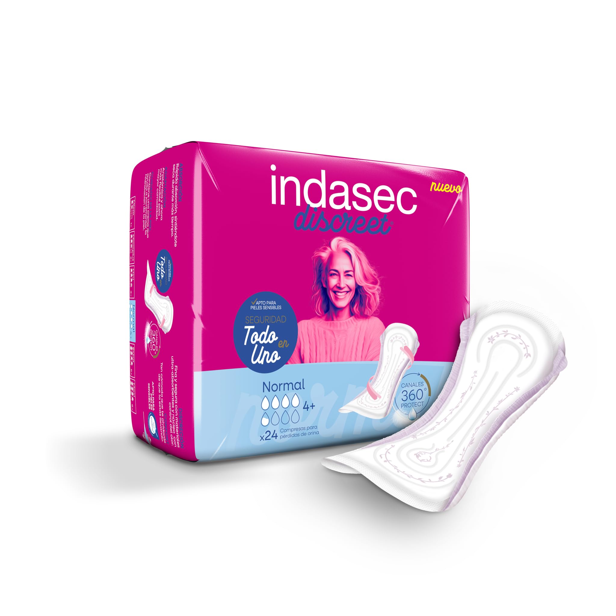Indasec, Compresas Discreet Normal, Pack de 8 bolsas, 192 unidades