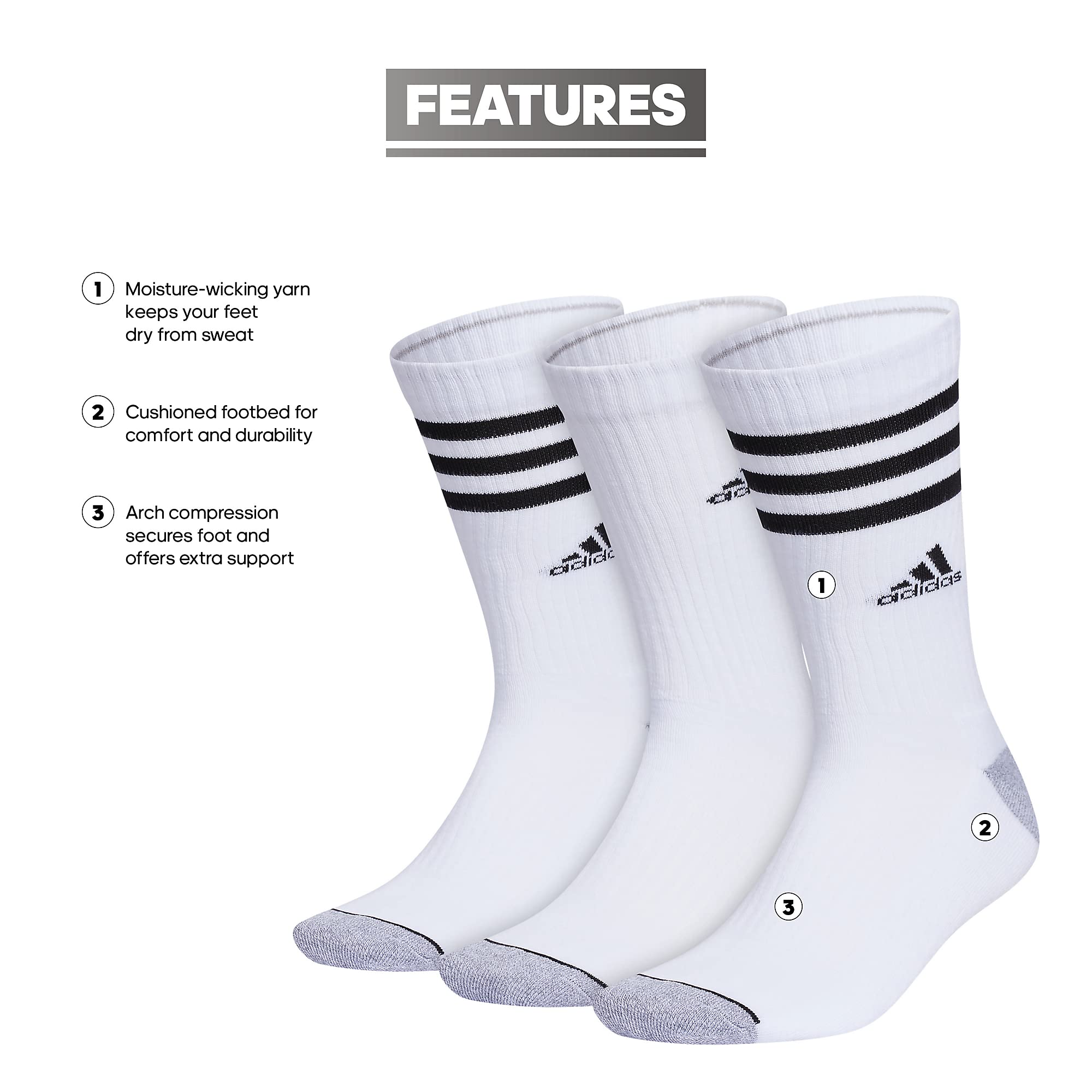 adidas Męskie skarpety z amortyzacją 3 paski 3.0 3-pak CrewCrew, Biały/szary/czarny, Large