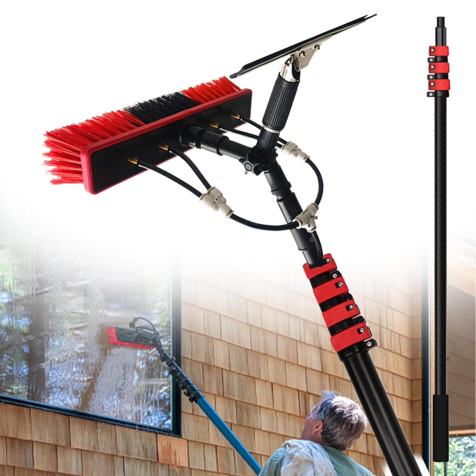Kit de poste de alimentación de agua, sistema de limpieza de ventanas de 5,4 m con varilla retráctil de aleación de aluminio, cepillo de agua, escobilla de goma, conector de manguera y tubo de agua de
