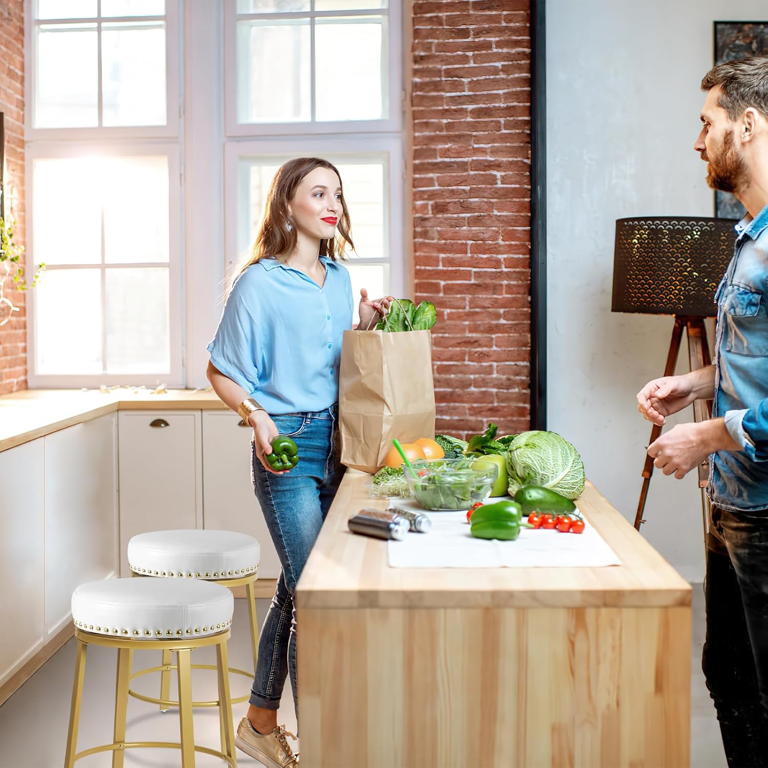 White & Gold Bar Stools Set of 2 Counter Height 24 Inches Swivel Bar Stools for Kitchen Counter Island Backless Modern Gold Barstools Upholstered Faux Leather Round Counter Stools, Off White+Gold