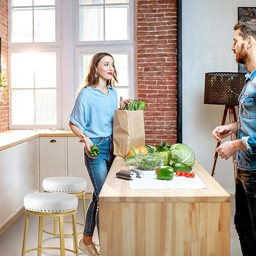 Vista 8 de White & Gold Bar Stools Set of 2 Counter Height 24 Inches Swivel Bar Stools for Kitchen Counter Island Backless Modern Gold Barstools Upholstered