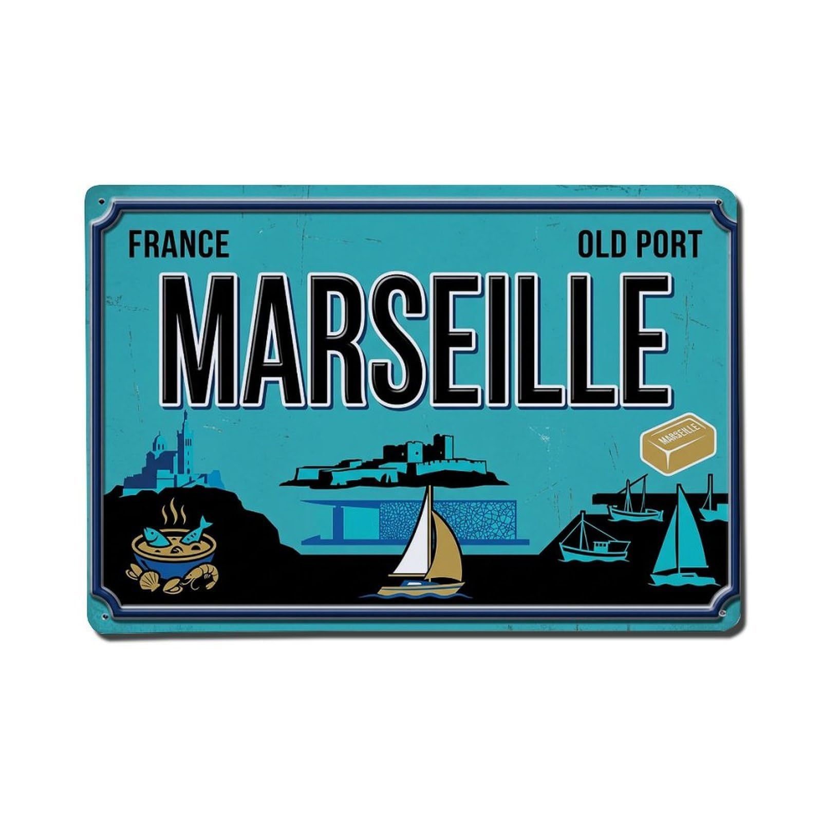 Cwbufd 8X12inch(20X30cm) Vintage Travel Marseille Harbor Basilica Fish Metal Tin Sign Plaque Wall Decor For Cafe, Club Bar, Office, Garden Metal Poster 8X12inch