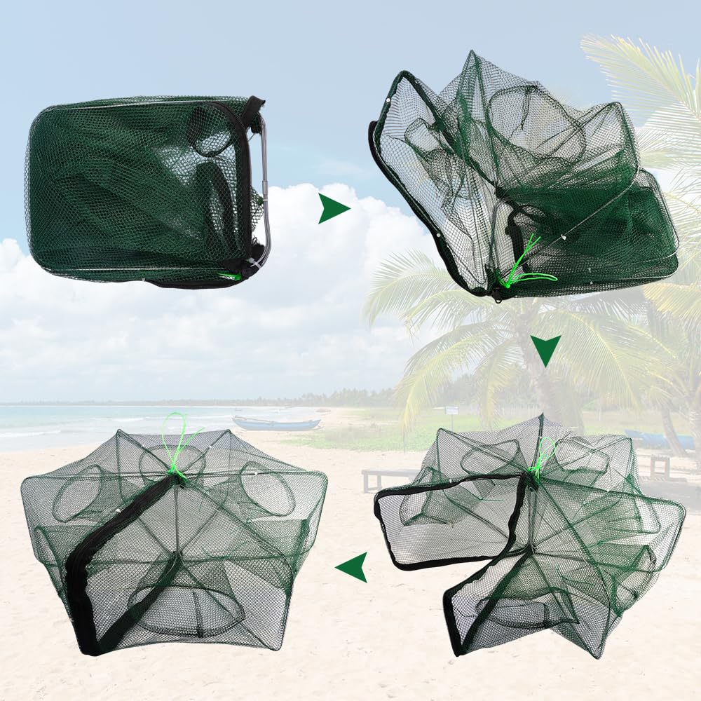 Piège à crevettes, 58 × 22 cm Poissons de crabe en nylon, filet de pêche automatique, 6 trous filet de pêche pliable en nylon, pour attraper les crabes, les homards, les crevettes et les crabes