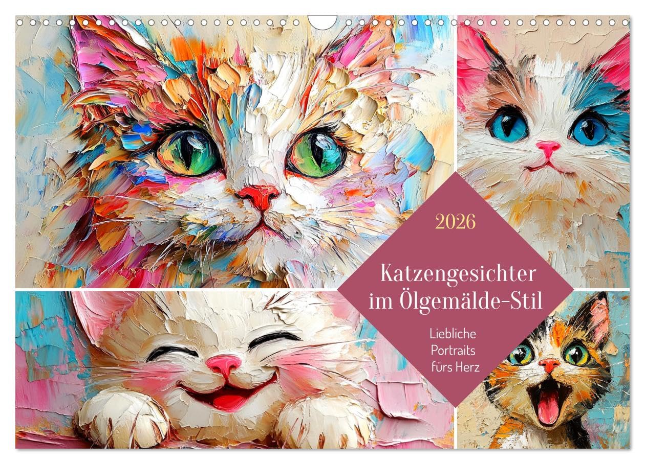 Cat faces in oil painting style. Lovely portraits for the heart UK-Version (Wall Calendar 2026 DIN A3 Landscape), CALVENDO 12 Month Wall Calendar โ image 1