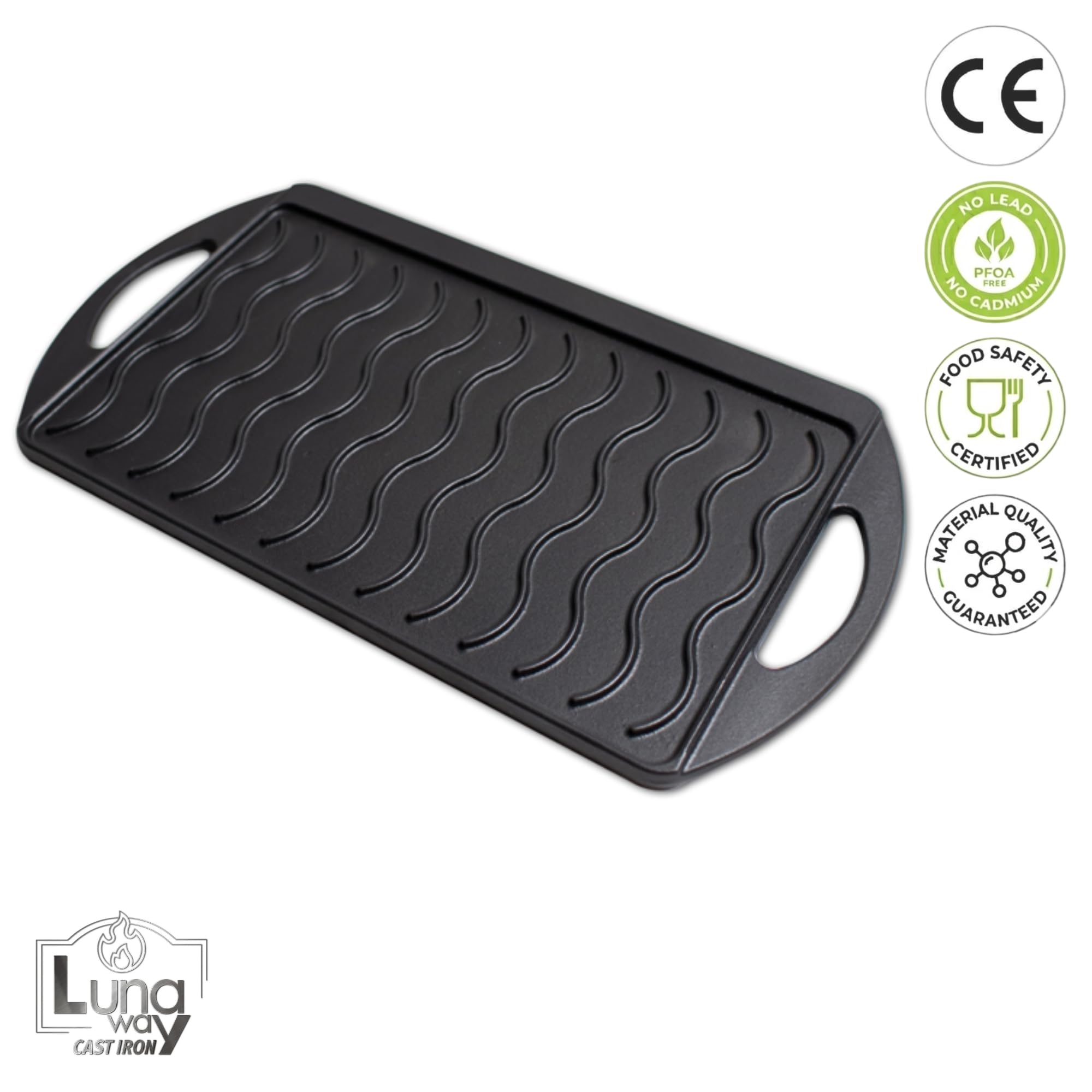 Griglia Piastra 55 x 30 cm REVERSIBILE 2 in 1 - Bistecchiera in Ghisa Smaltata | Doppia Superficie Liscia Ondulata | Antiaderente doppia smaltatura | Adatta a Fuoco Aperto Fornelli BBQ