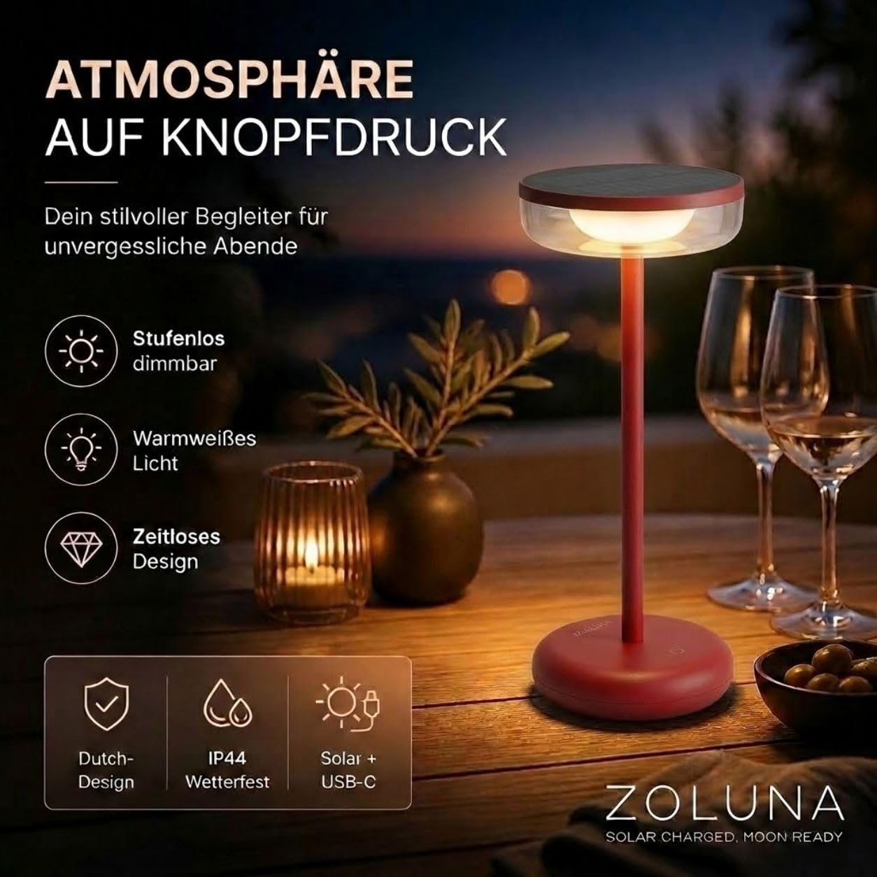 ZOLUNA Bobbie Solarlampen für Außen Tisch, 2700k, IP44 Wasserdicht, Outdoor Tischlampe, Solar Tischlampe Outdoor Stehlampe, LED Outdoor Lampe, Solar Tischleuchte, Evening Red 11x11x26,5cm