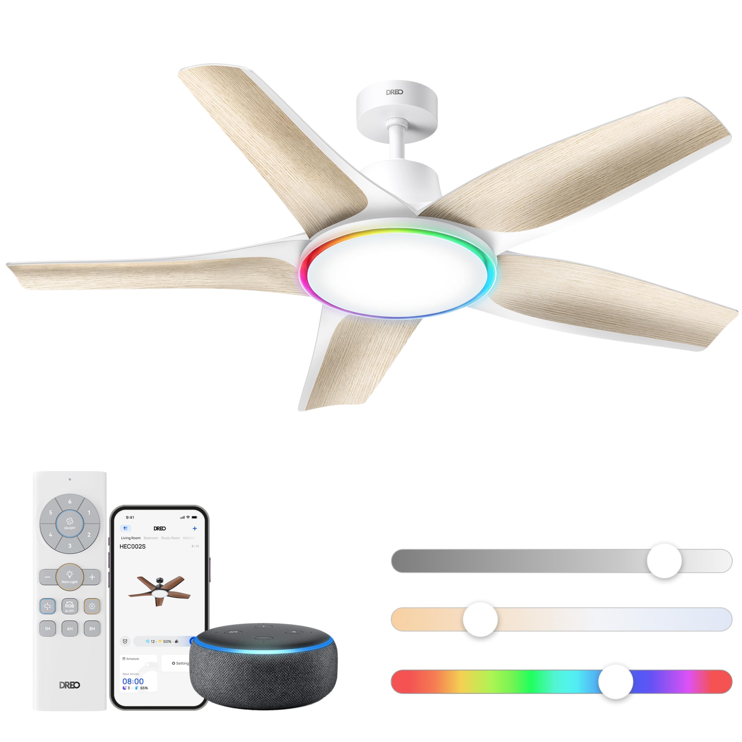 DREO Smarter Low-Profile-Deckenventilator mit Licht, 132 cm, dimmbare LED mit einstellbarer Farbtemperatur, RGB-Ambientlicht, leiser DC-Motor, einfache Montage, App- & Alexa-Steuerung, weiß