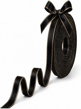 Black Ribbon, 3/8 inch x 50 Yards Double Faced Satin Ribbon with Gold Edge, Delicate for Gift Wrapping, Flower Bouquets, DIY Crafts, Wedding, Hair Bow, Holiday, Party Decorations
