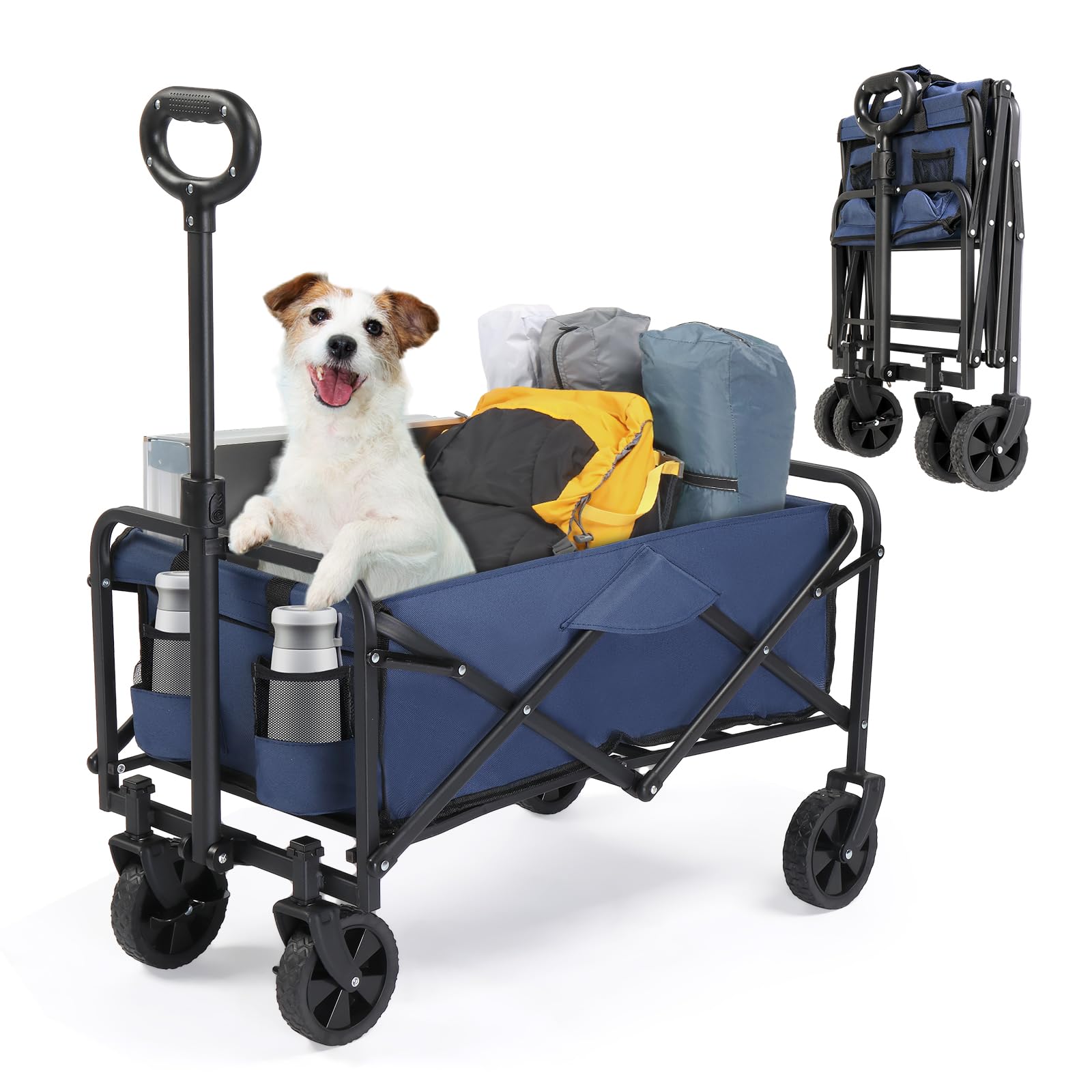 Bonnlo Festival Trolley on Wheels, Portable Camping Wagon, Folding Trolley for Beach Picnic Shopping, Adjustable Handle, Blue