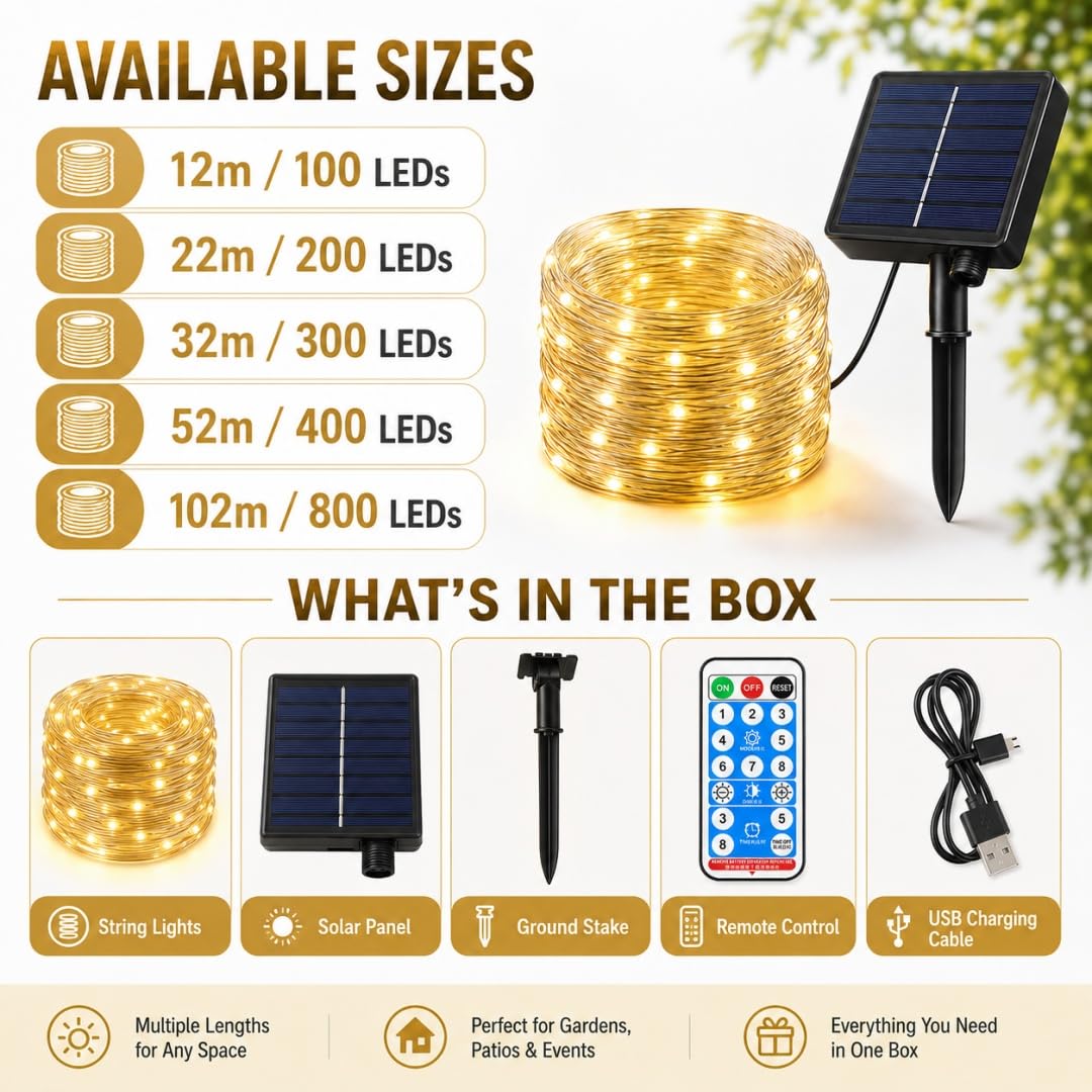 Catena Luminosa Solare, LED Luci Solari Esterno 8 Modalità IP65 Impermeabile Luci Stringa Solare Decorazioni per Barbecue Festa Giardino, telecomando e USB (A Bianco caldo,102m 800 LEDs)