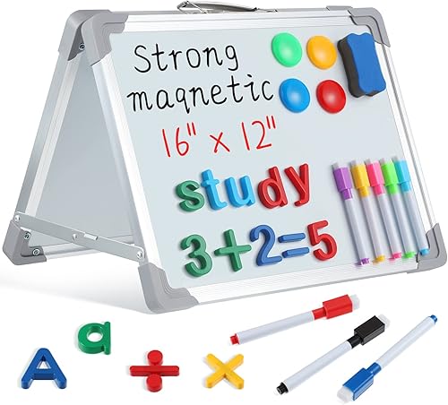 Ctosree Pizarra blanca plegable magnética de borrado en seco de 12 x 16 pulgadas con 115 símbolos magnéticos de letras del alfabeto ABC números, 8