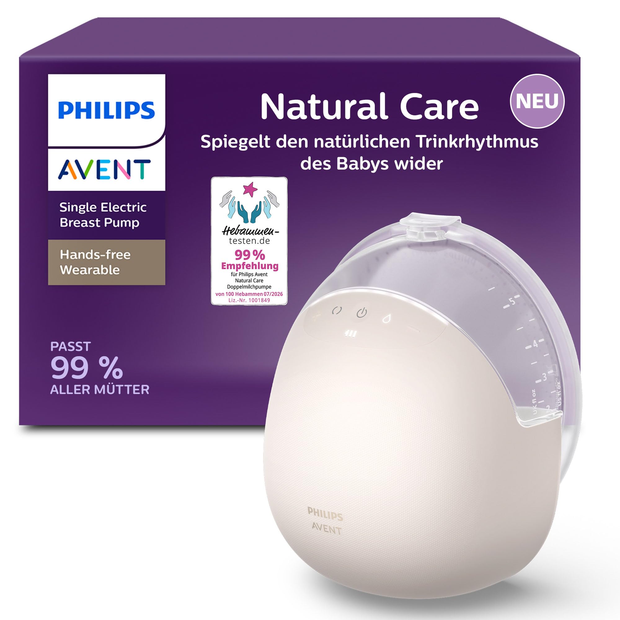 Philips Avent Natural Care Hands-free tragbare elektrische Milchpumpe – spiegelt den Trinkrhythmus des Babys wider, SkinSense Brustkissen für ultimativen Komfort, SCF494/11