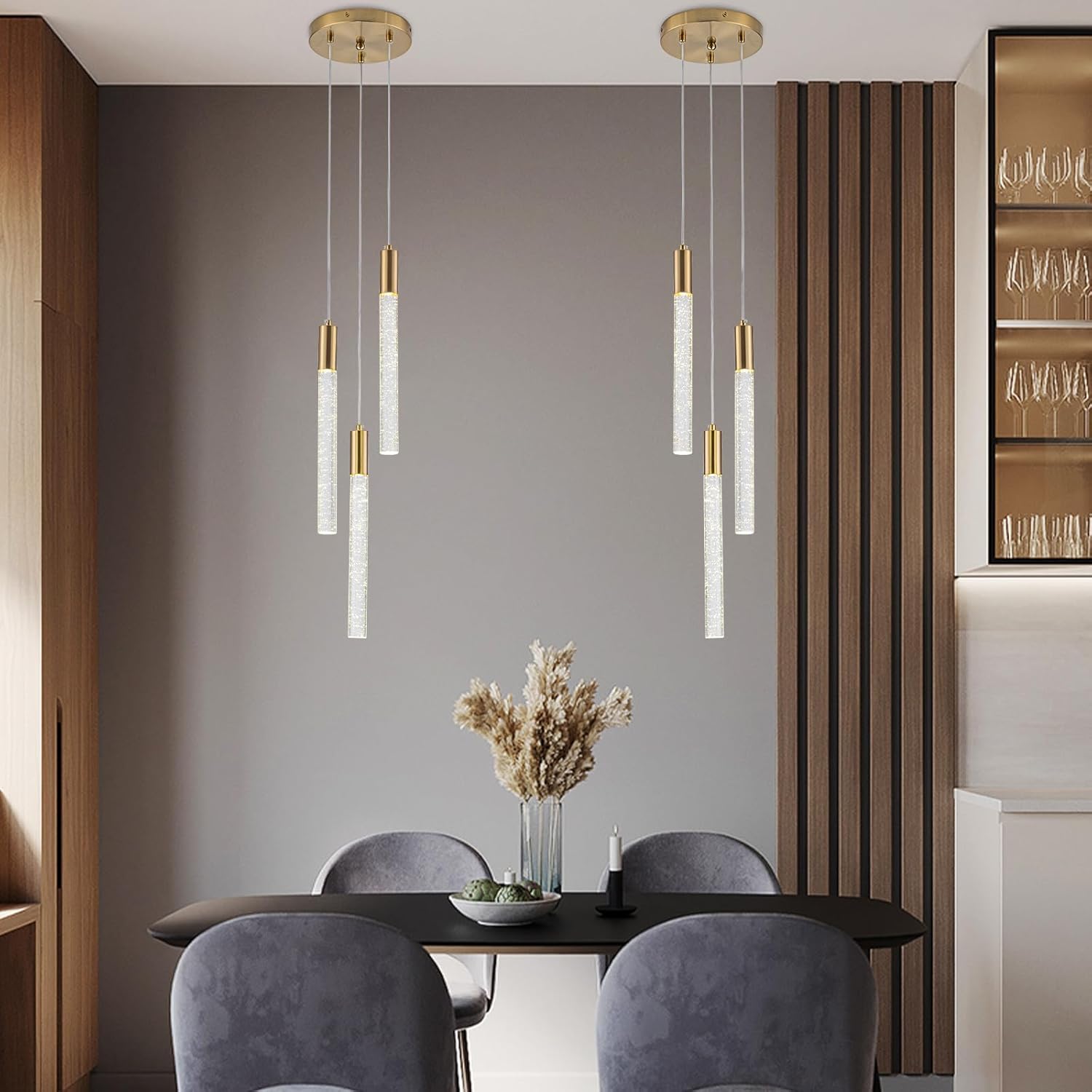 Gold Crystal Column Chandeliers Kitchen Island Lighting 3-Lights Round Pillar Raindrop Bubble Pendant Light Hanging Ceiling Lights for Dining Room Bedroom