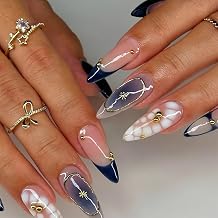 Blue French Tip Press on Nails Medium Almond Fake Nails with Gold Bead Designs Classic Blue Gradient Glue on Nails Reusable Glossy White Crocodile False Nails for Women 24Pcs