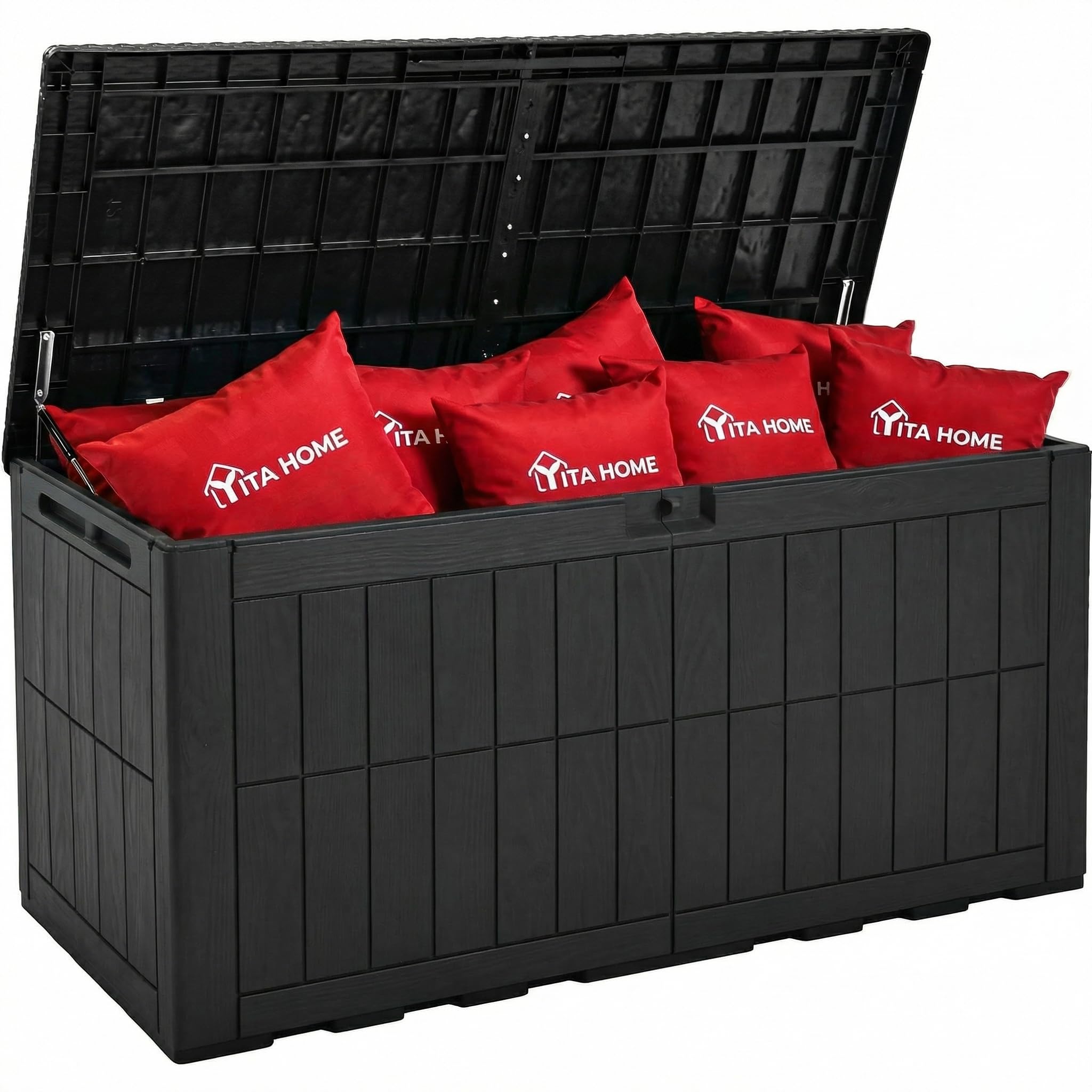 YITAHOME 450L Large Outdoor Garden Storage Box, Waterproof Resin Deck Box with Lock & Hydraulic Piston, 2-Person Bench Seat for Patio Cushions & Garden Tools, UV-Resistant & Weatherproof, Black