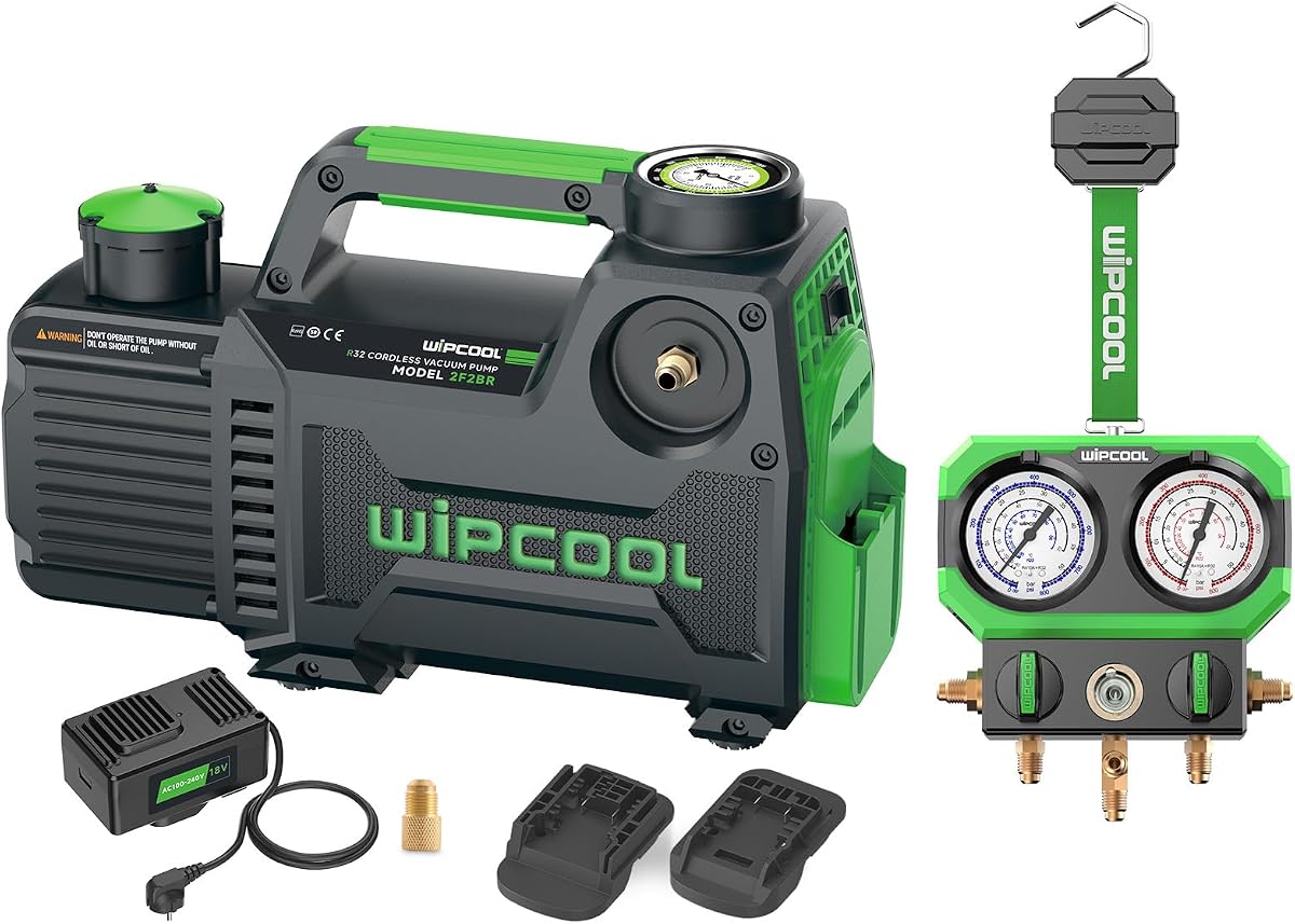 Combo de bomba de vacío HVAC y manómetro múltiple - 5 CFM 1/2 HP de doble etapa 15 micras, alimentación CA/CC con convertidor de batería y adaptadores Milwaukee/DeWalt, listo para A2L, calibre para R22/R410A/R32/R404A/R407C
