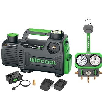 WIPCOOL HVAC Vacuum Pump & Manifold Gauge Combo - 5 CFM 1/2 HP Dual Stage 15 Micron, AC/DC Power with Battery Converter & Milwaukee/DeWalt Adapters, A2L Ready, Gauge for R22/R410A/R32/R404A/R407C
