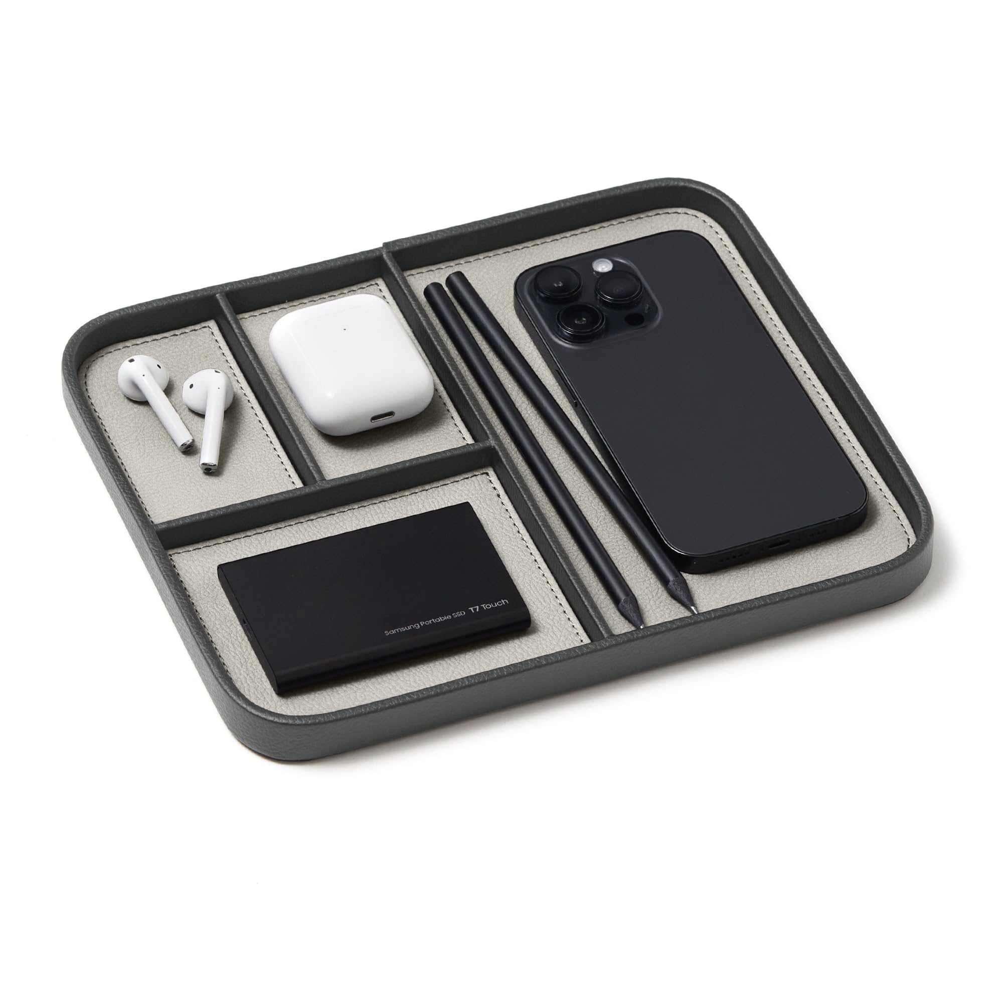 Leather Valet Tray - Sahara Gray - Premium Vegan Leather Stylish and Organised Nightstand Tray for Men - EDC Catchall Tray for Keys, Watch, Wallet, Jewellery - Modern Bedside Caddy