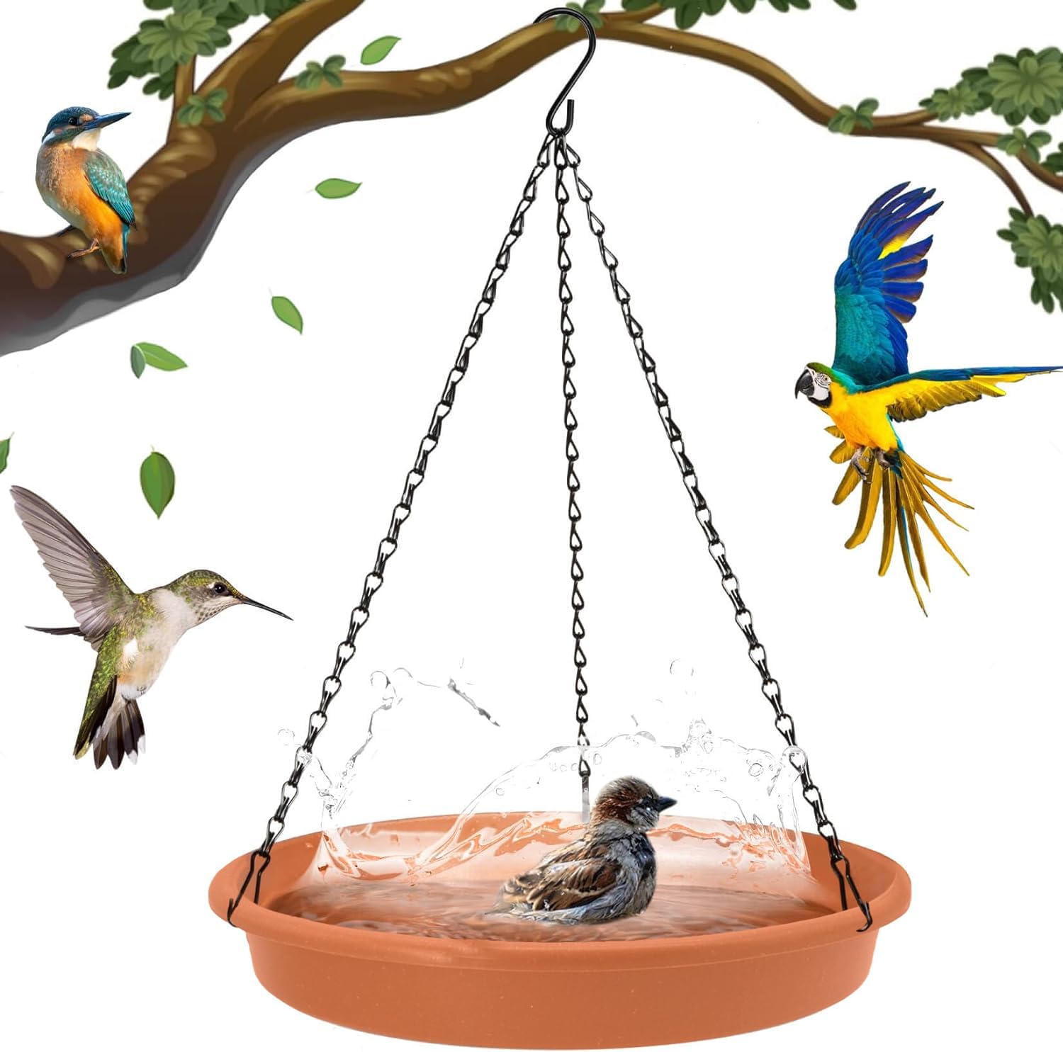 BIRDSHALA Hanging Bird Feeder for Water & Seed Bird Bath Trey for Hanging on Your Balcony, Trees, Garden (Brown Set of 1)