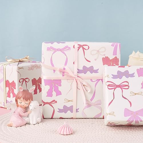 Miniatura 5 de RUSPEPA Elegante rollo de papel de regalo con lazo para niñas y mujeres, mini rollo, papel de regalo con lazo rosa con perlas, perfecto para baby