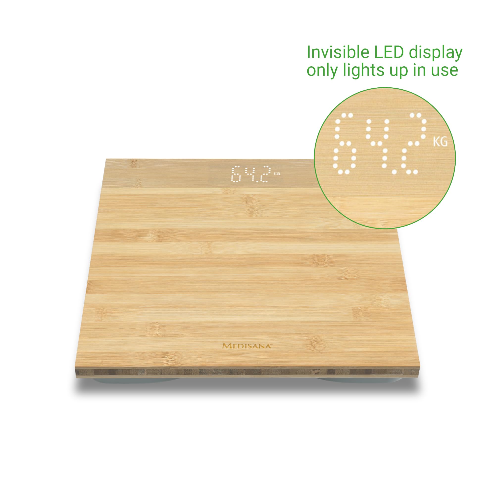 medisana PS 440 bilancia personale digitale in bambù fino a 180 kg, bilancia da bagno con spegnimento automatico e display a LED invisibile