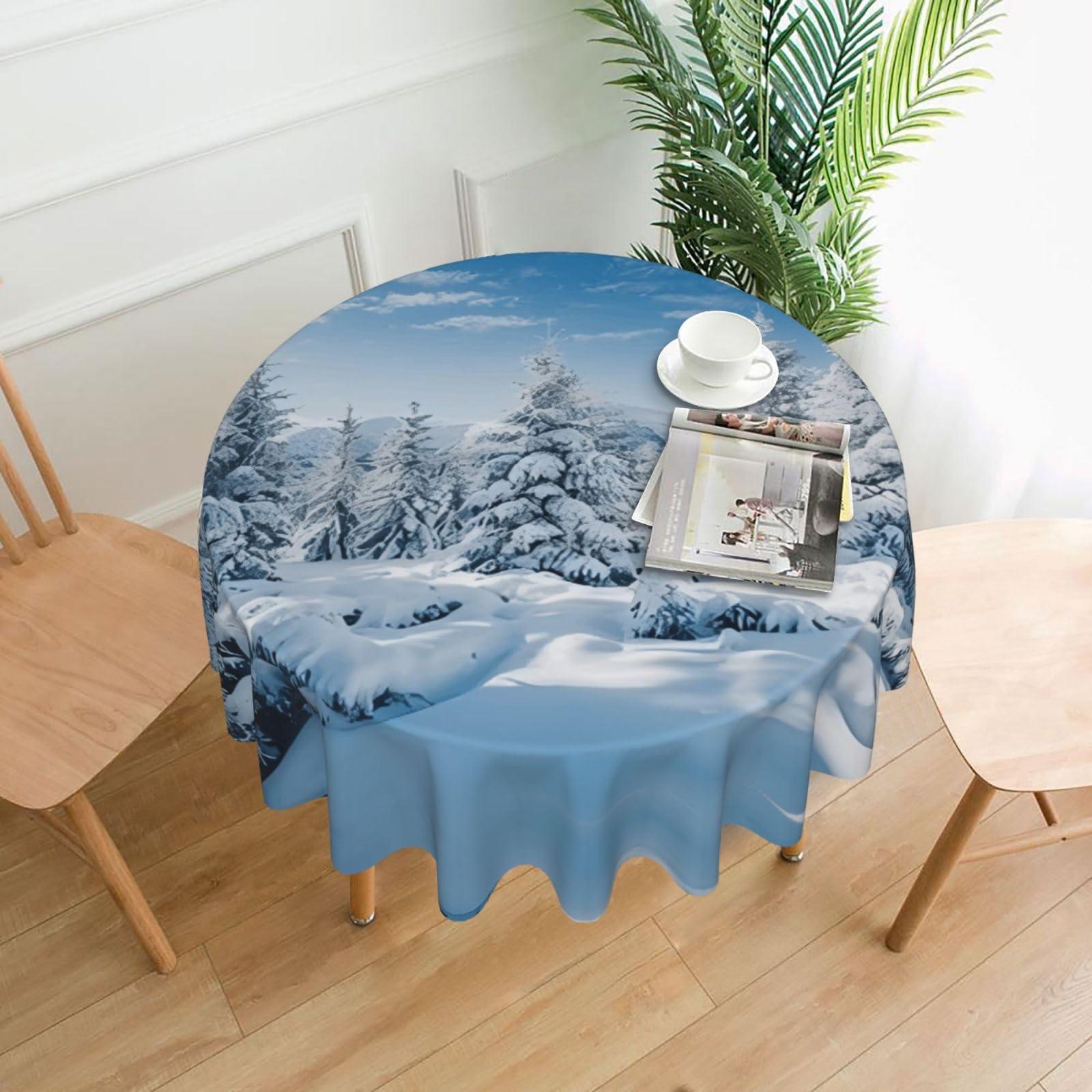 Zcmkjlg Snow-Covered Winter Trees Print Quick Ship Round Tablecloth 60in Polyester Washable Cover for Dining Room
