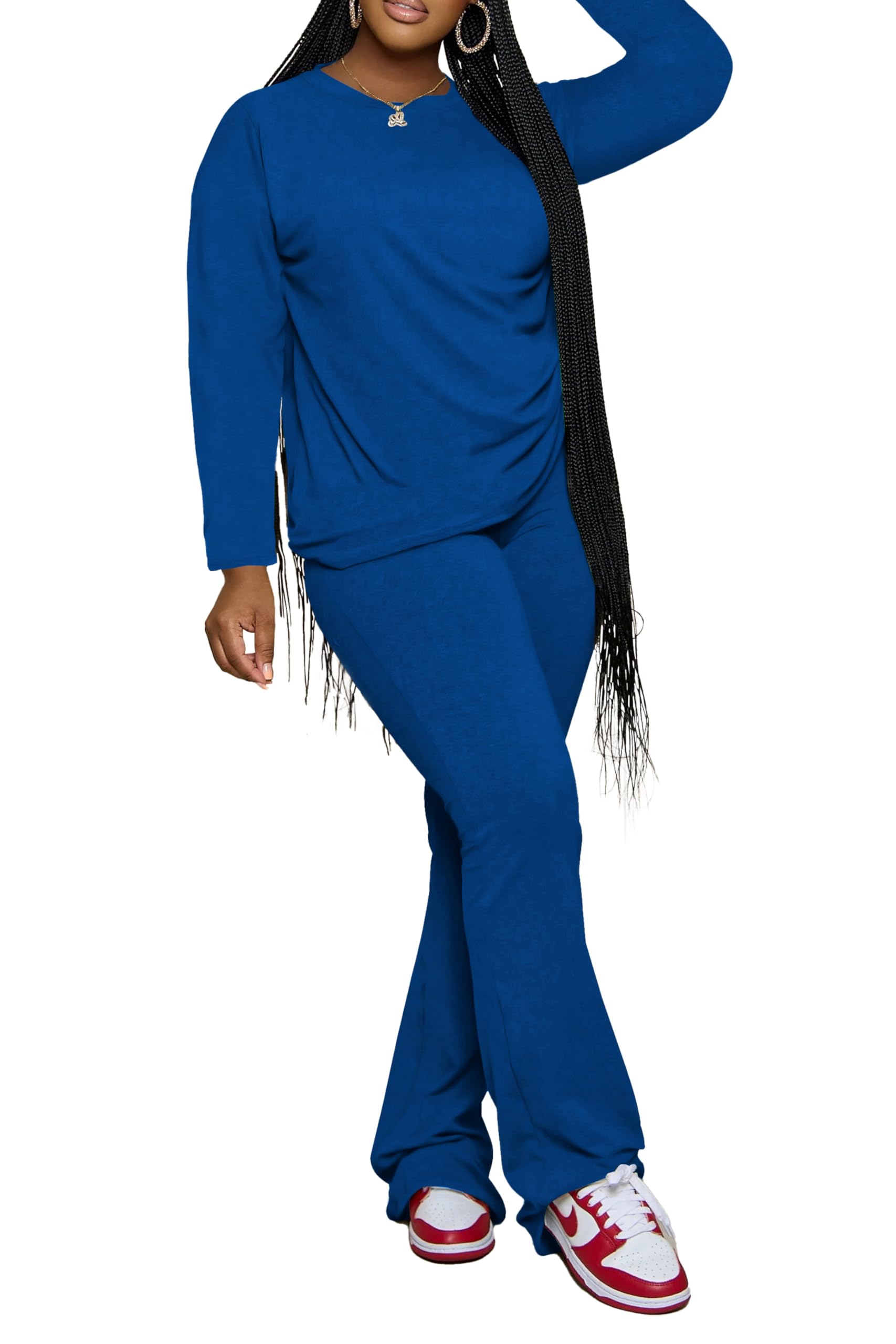 PINSV Womens 2 Piece Outfits Casual Sets Long Sleeve Top and Flare Pants Lounge Sets Tracksuit