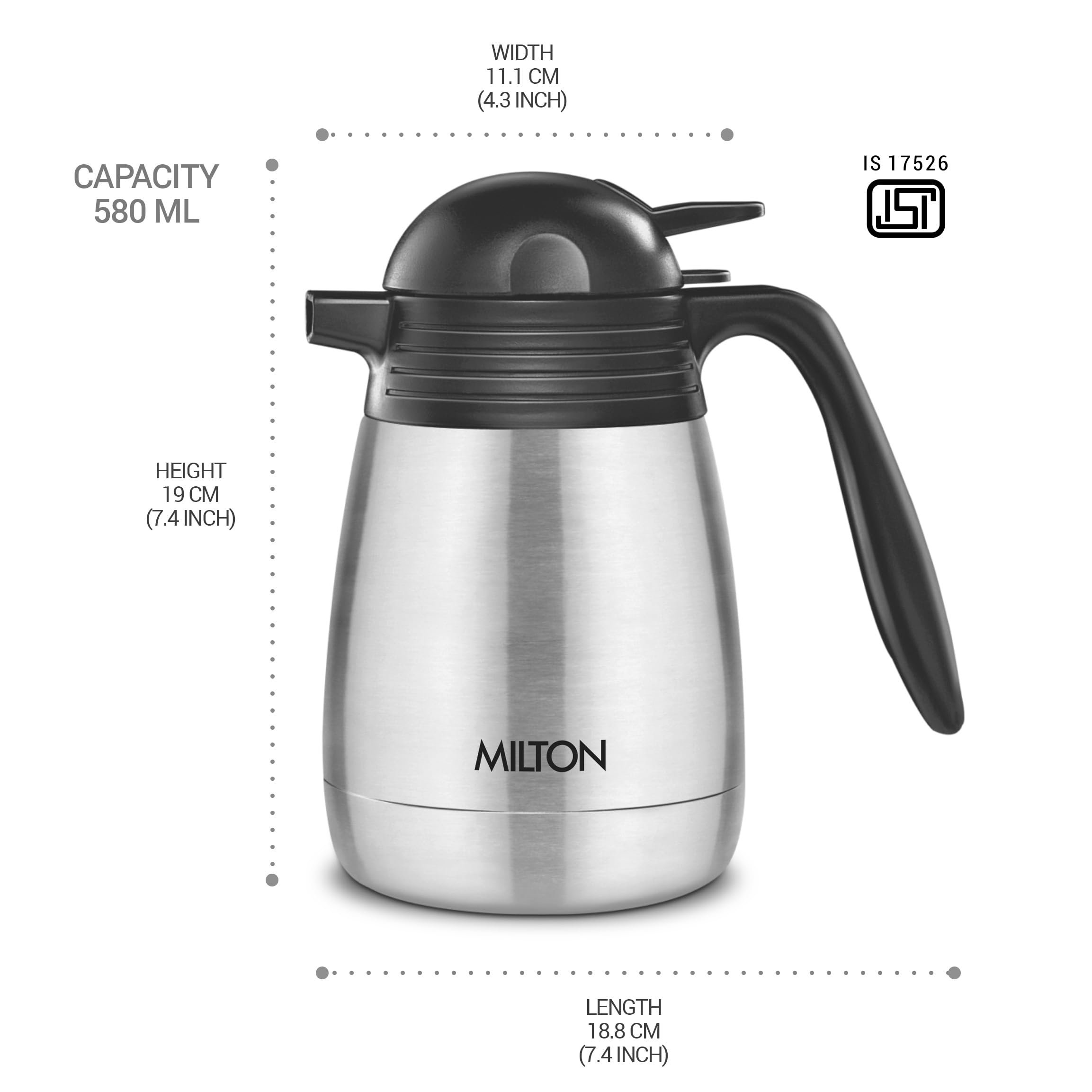 Milton Carafe 600 Stainless Steel Double Walled Vacuum Insulated Flask with Lid and Handle, 600 ml, Silver, Coffee/Tea Carafe Heat & Cold Retention, Leak Proof, Rust Free, Easy to Carry - Image 5 thumbnail
