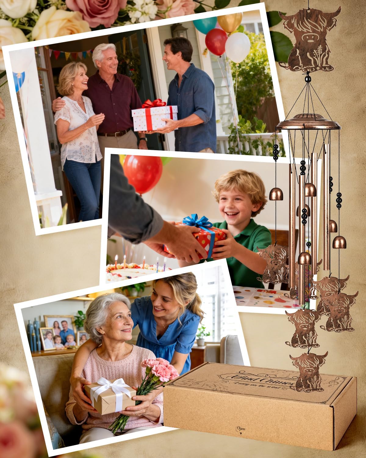 Highland Cow Wind Chimes Outdoor Decor Highland Cow Birthday Gifts for Women Mom Sister 34 Inch Metal Windchimes for Outside Porch, Garden, Yard Decoration