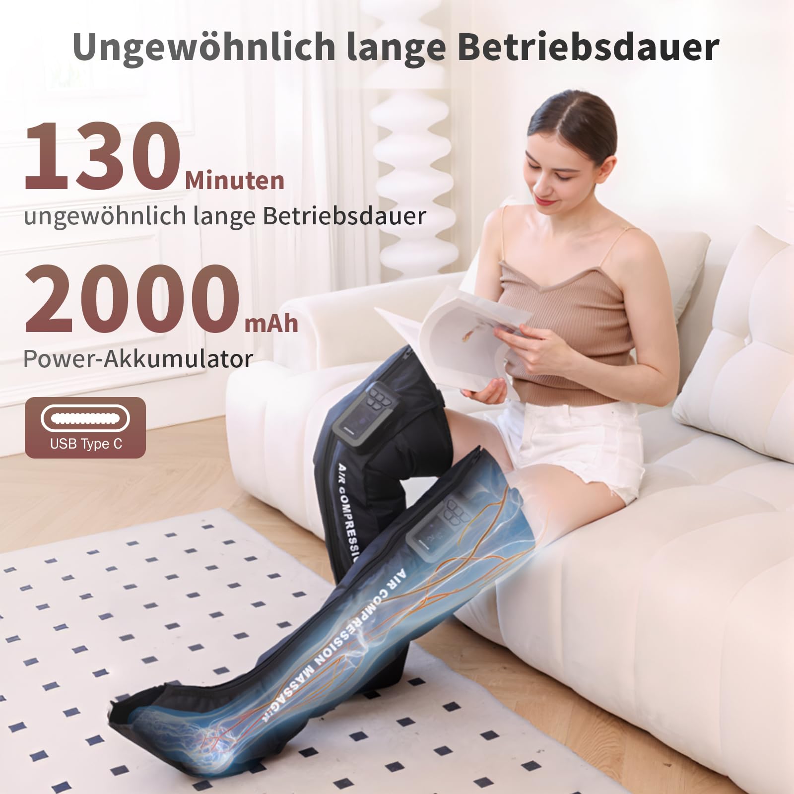 mono Kabellose Recovery Boot, einzelner Kompressionsstiefel für Muskelregeneration&Durchblutung, Druckwellen-Therapie (Sport/Regeneration/Lymphdrainage) (L-Beinumfang von 49-60 cm)