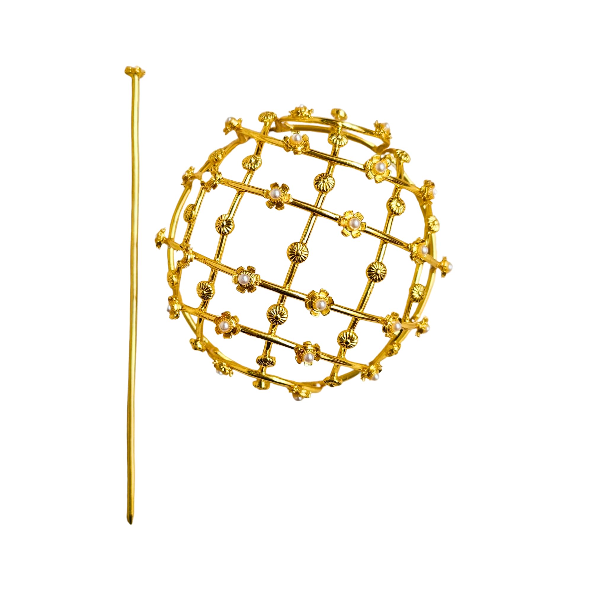 VIANA JEWELS Hair Bun Cage Accessory for Women | Handcrafted Brass Juda Cover with Stick | Anti-Tarnish Traditional Hair Accessory for Wedding & Festive (Pear Flower Hair Bun (Golden))