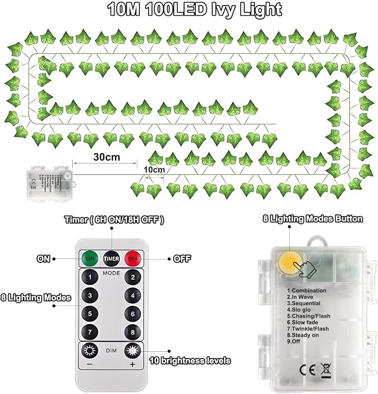 Dekofun 10m 100 LED Bogyós Lámpa Mesterséges Zöld Futó Növény Távirányítóval Időzítővel 8 Mód