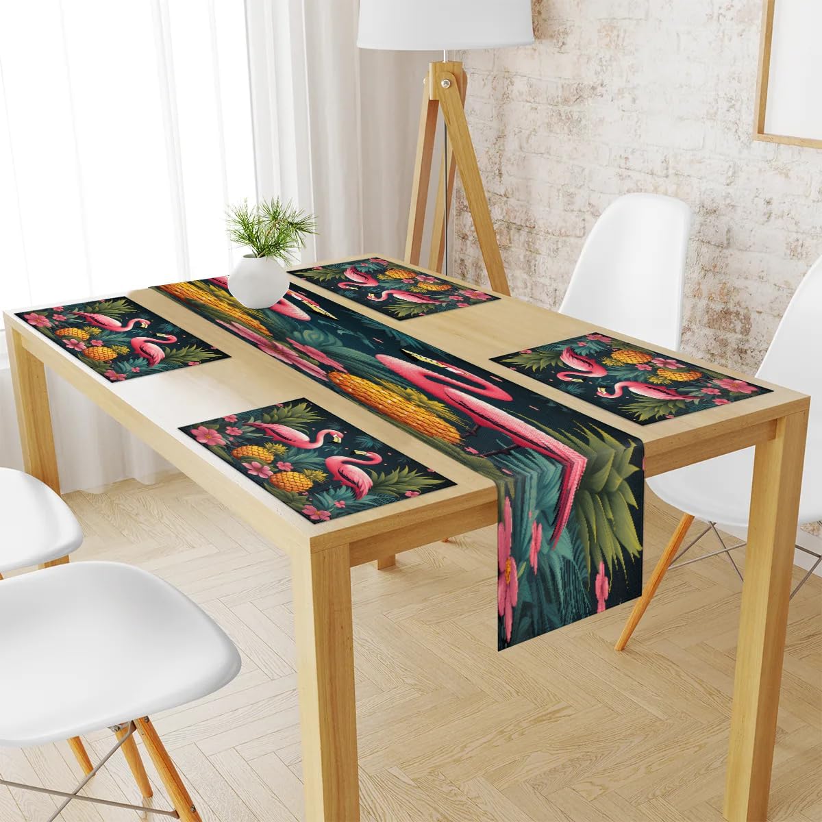 Pineapple Flamingo Summer Table Runner and Placemats Set of 6 Table Mats and Runner for Dining Table Heat Resistant Place Mats with Table Runner