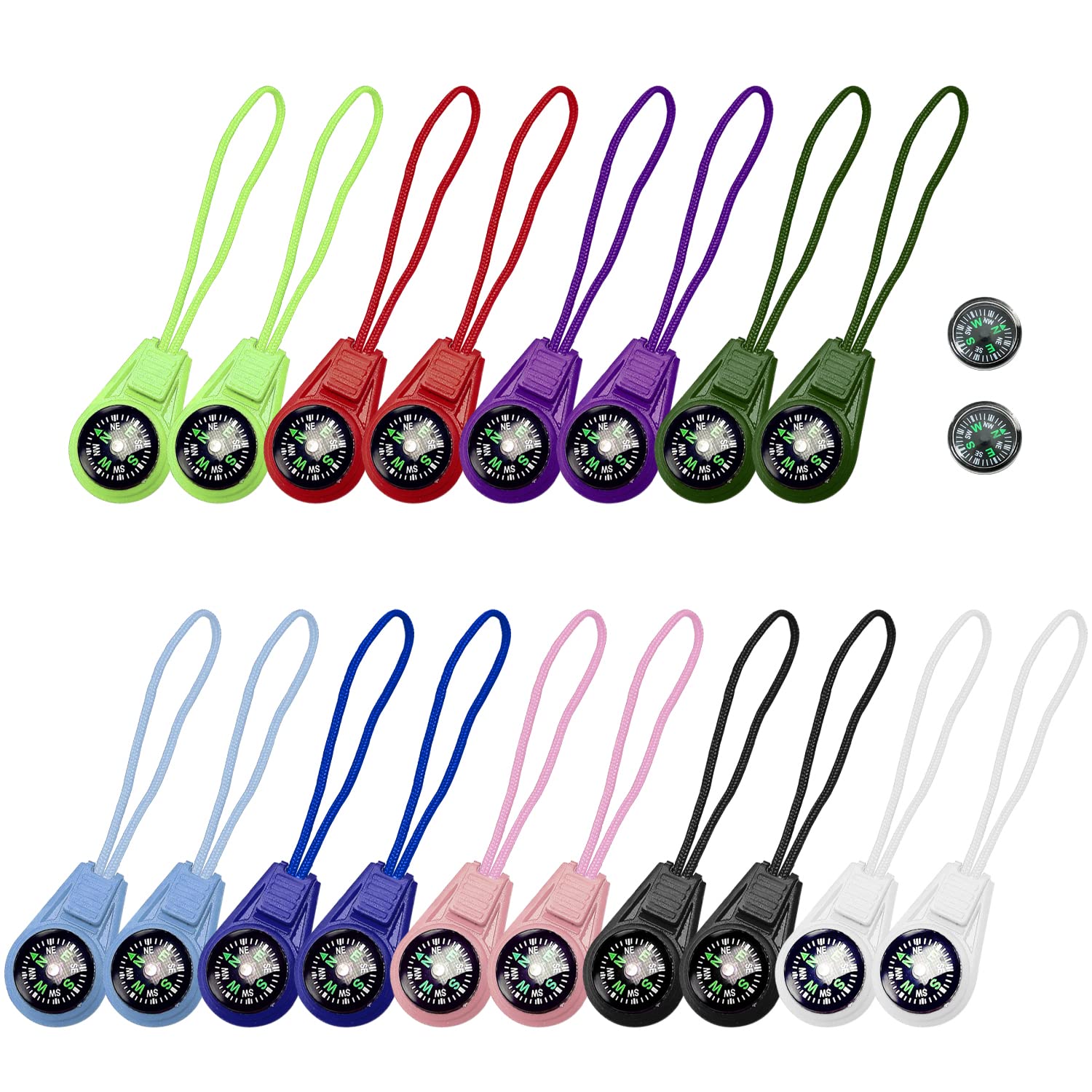 PFLYPF 18 minibrújulas multicolor con 2 brújulas redondas negras, brújula de bolsillo de cordón, herramienta de supervivencia al aire libre, adecuada para senderismo, camping y turismo