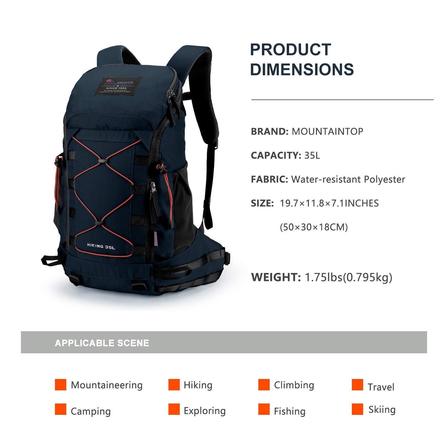 Mountaintop 35L Wanderrucksack Herren Damen Reiserucksack Trekkingrucksack Outdoor Rucksäcke mit Regenhülle für Camping Wandern Radfahren Tagesausflüge, 55x30x18cm