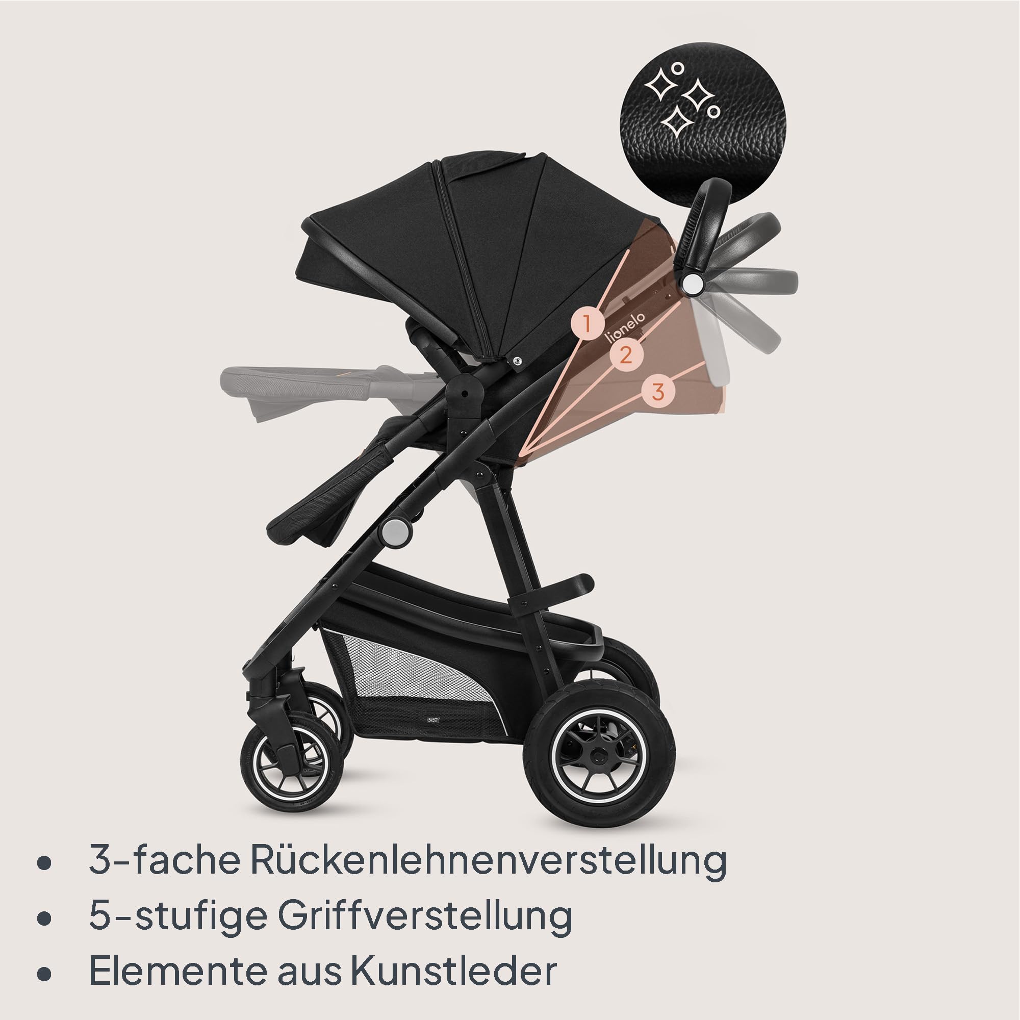 LIONELO BIANKA Kinderwagen 3 in 1 bis 22 kg Babywanne Autositz Reise-System Zusammenlegbar Stoßdämpfer Verdeck XXL