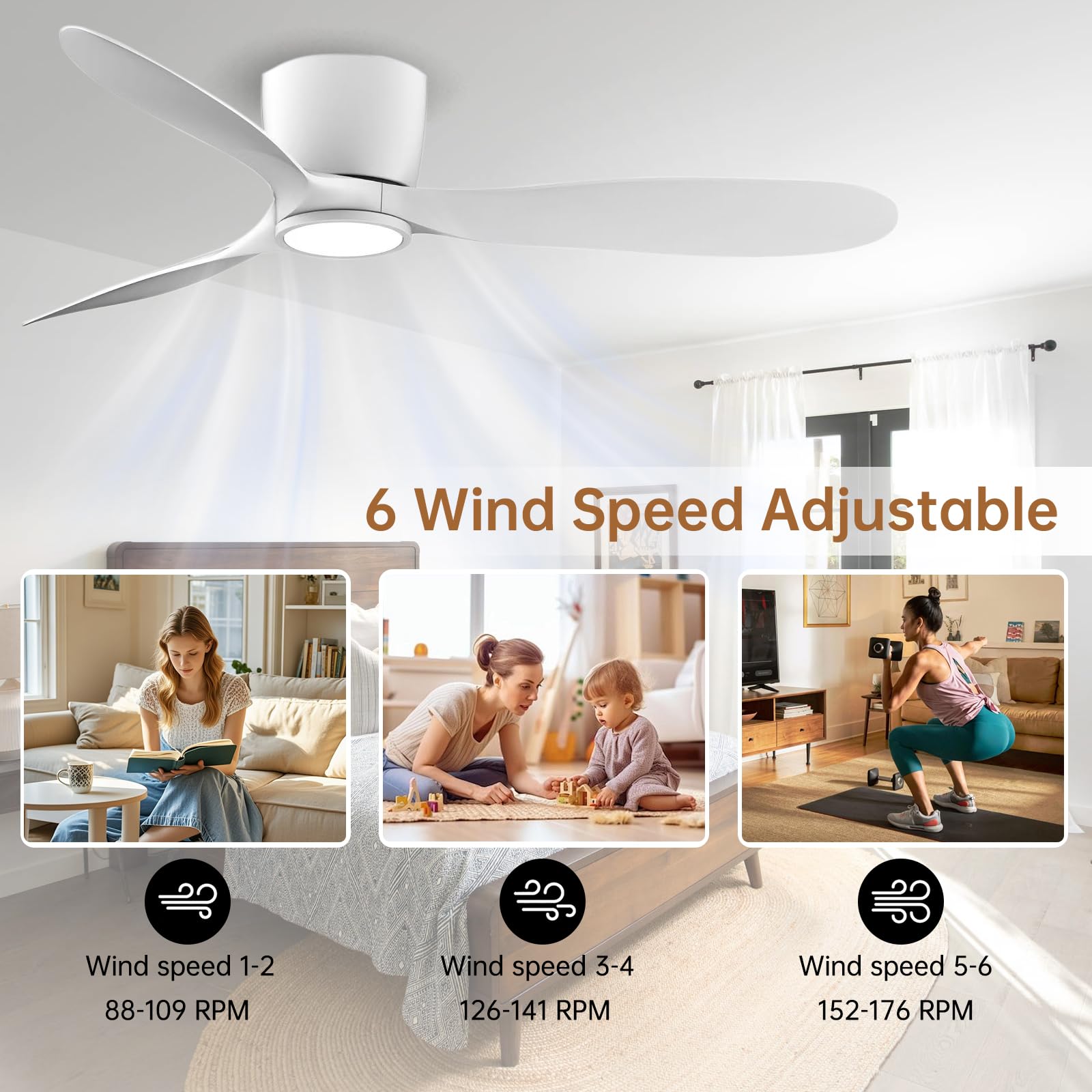 Ovlaim Ventilatore a Soffitto Sovrapposizione 132cm Bianco Moderno - Con Luce e Telecomando - Motore CC Silenzioso 3 Pale - Alta Portata d'Aria per Camera da Letto e Soggiorno