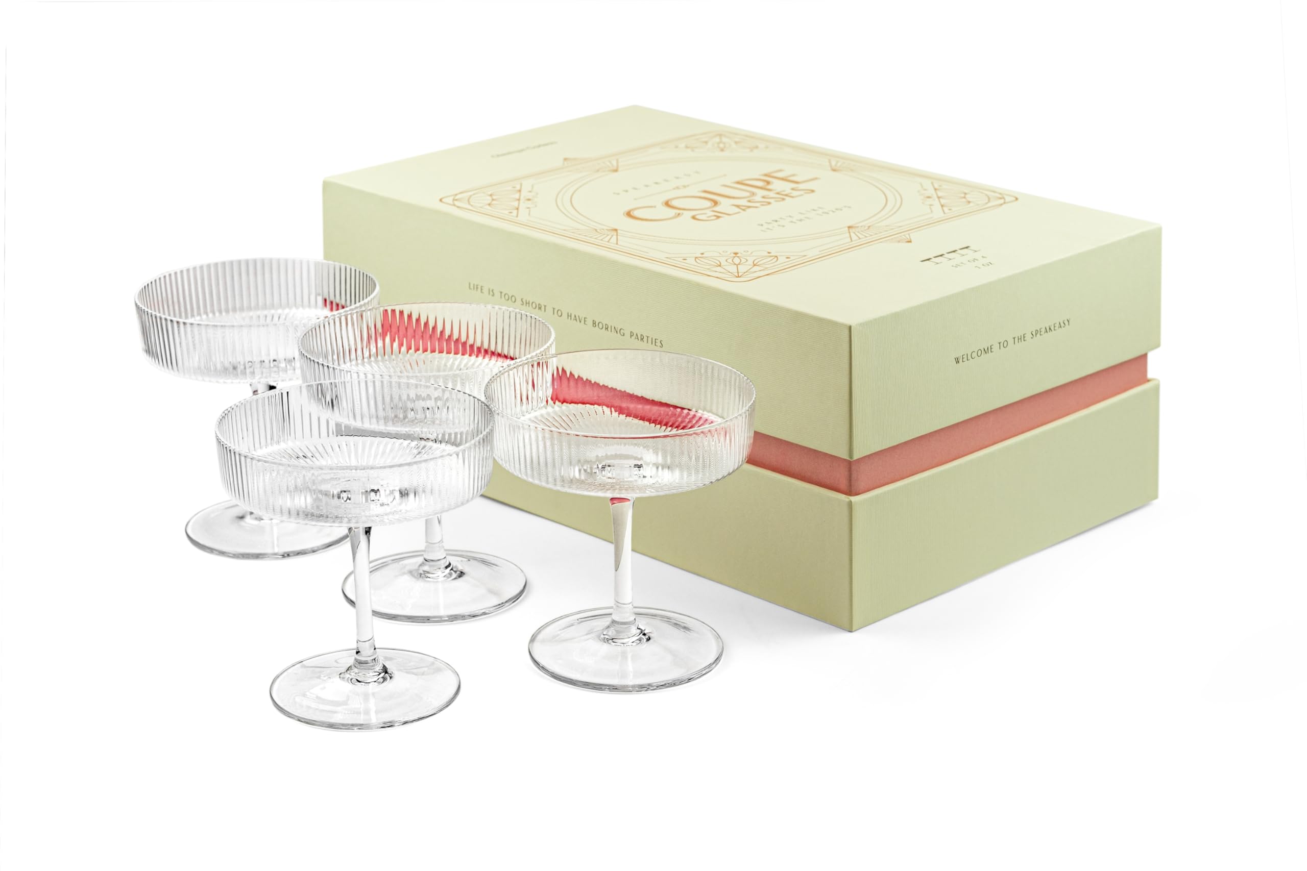 Copas Clásicas Art Déco Coupé | Juego de 4 | 200 ml | Cristalería Clásica para Cócteles, Champán, Martini, Manhattan, Cosmopolitan | Copas de Champán con Platillo de Cristal Acanalado