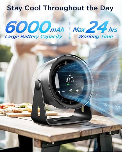 Miniatura 3 de EasyAcc Ventilador de escritorio portátil pequeño, 6000 mAh + 24 horas de tiempo de trabajo + cabezal giratorio de 120 + silencioso + 100